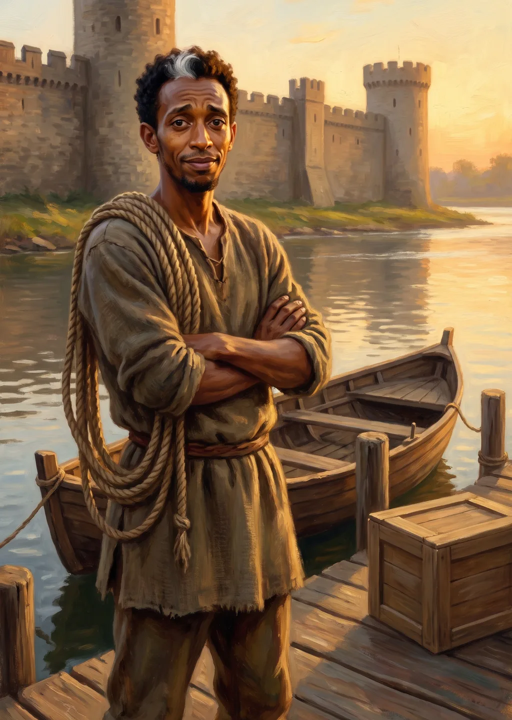 Oil painting of Darro, a river-runner, standing on a wooden landing with a coil of rope over his shoulder and his boat moored behind him.