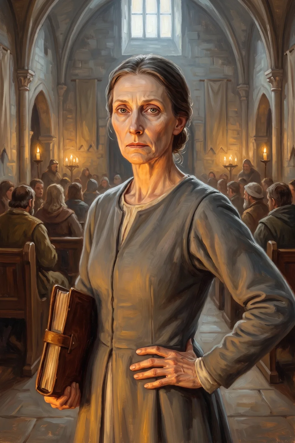 Oil painting of Elowen, an Order of the Blank archivist, standing in a crowded stone charter-hall with a leather folio of papers