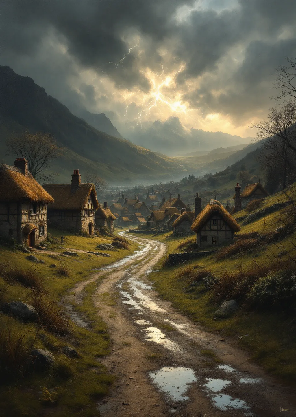 Oil painting of Gale Landing, a storm-battered valley town with lashed thatched roofs beneath a dark windswept sky.