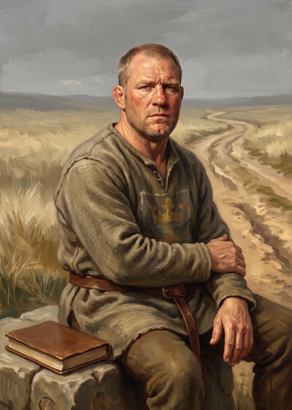 Oil painting of Garrick the Aldren Guard sitting at his stone waymark post with ledger and satchel