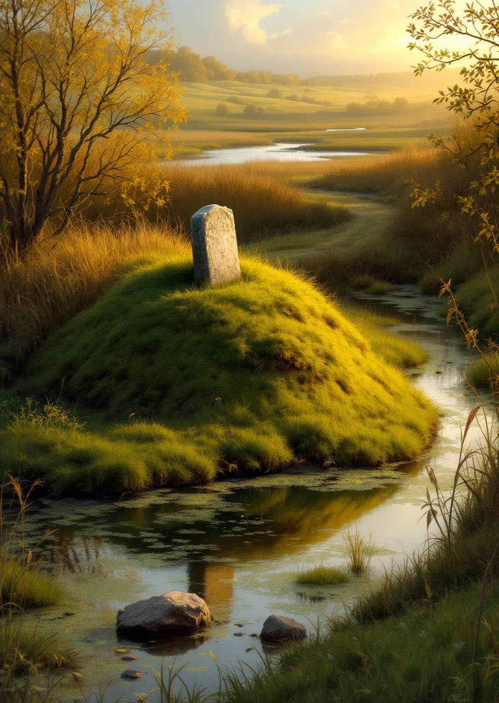 Oil painting of the low green mound and standing stone of Half-Said Barrow at dusk