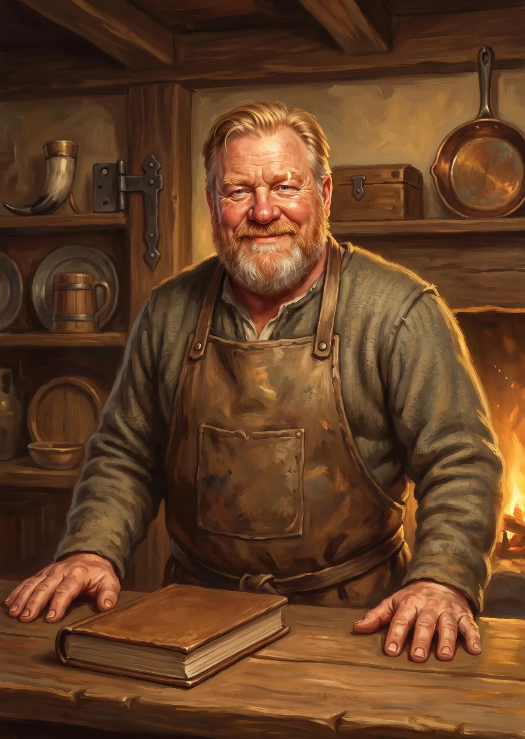 Oil painting of a burly, bearded taverner in a leather apron standing behind the bar of his tavern, an open ledger before him and shelves of pawned oddities behind, warm firelight.