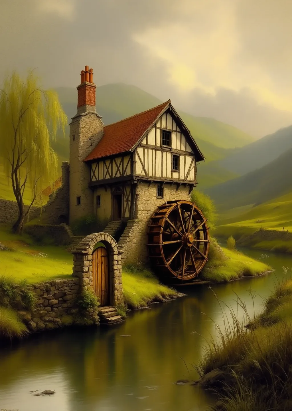 Oil painting of a quiet stone and timber watermill beside a slow green river, its wooden waterwheel turning gently under an overcast sky.