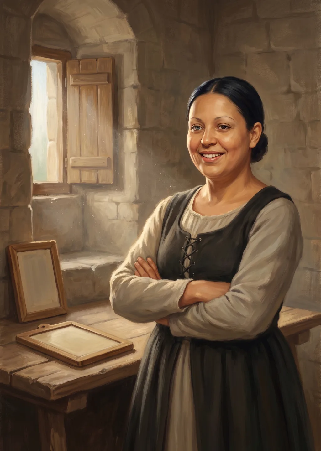 Oil painting of Iolanthe, the Splitrock schoolteacher known as Miss Wren, standing in her stone schoolroom with chalk and a worn primer in hand.