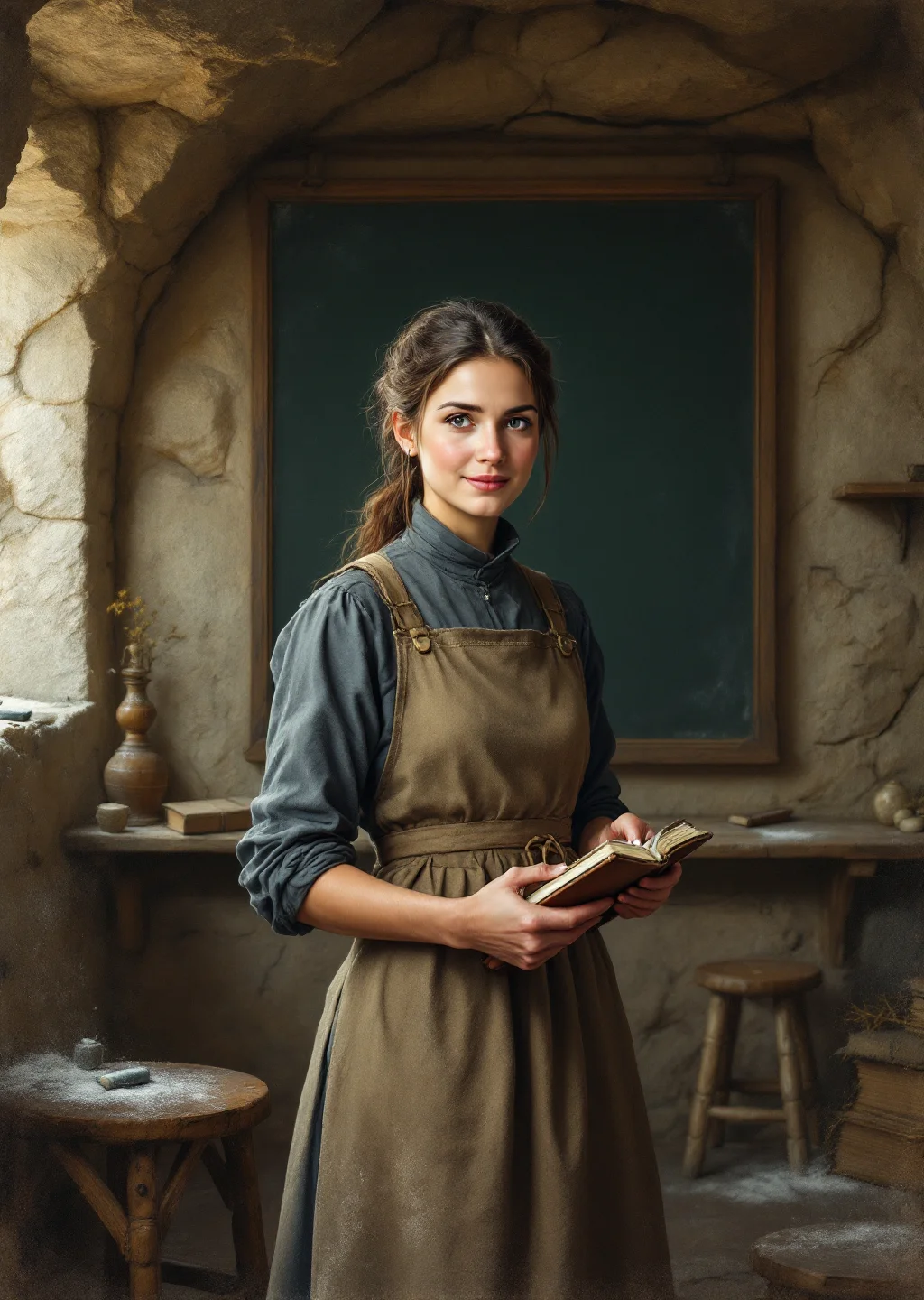 Oil painting of Iolanthe, the Splitrock schoolteacher known as Miss Wren, standing in her stone schoolroom with chalk and a worn primer in hand.