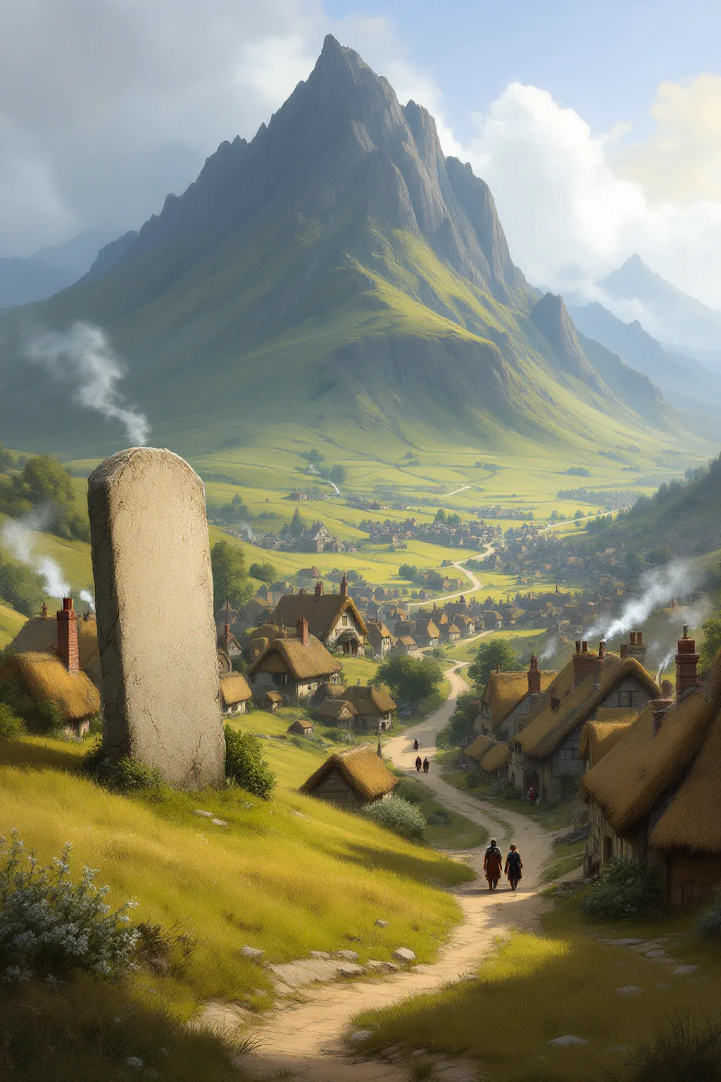 Oil painting of the town of Longname sprawled at the foot of The Polysyllabic Peak, a road winding uphill past a weathered stone waymarker