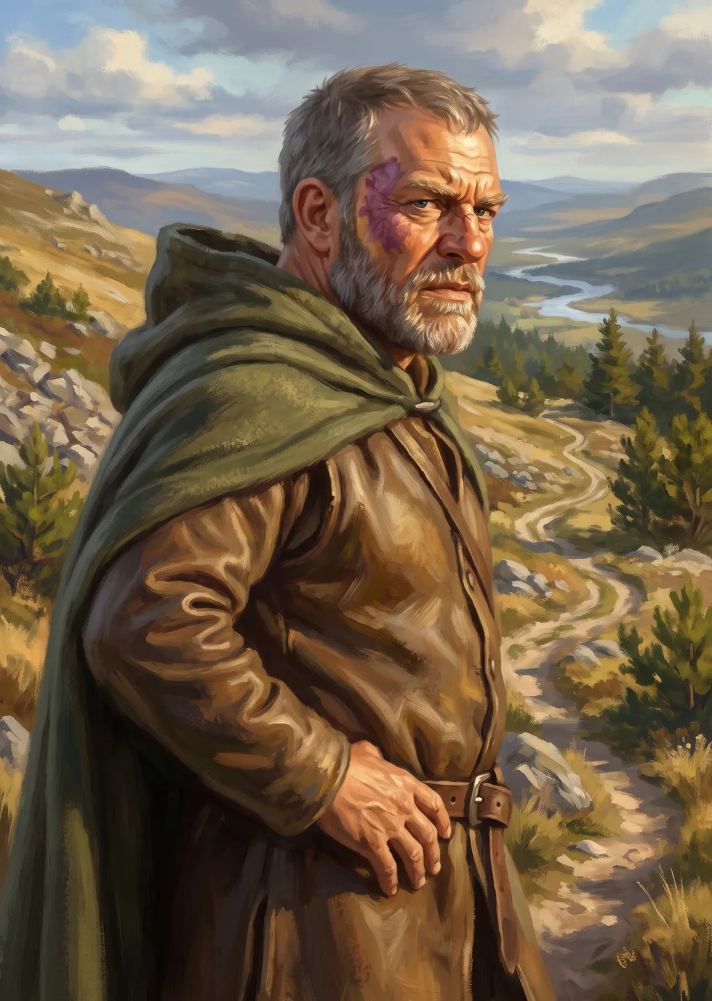 Oil painting of Maelin, a weathered white man in a hooded lichen-green cloak and worn leathers, standing on a windswept mountain ridge with sheep-tracks winding behind.