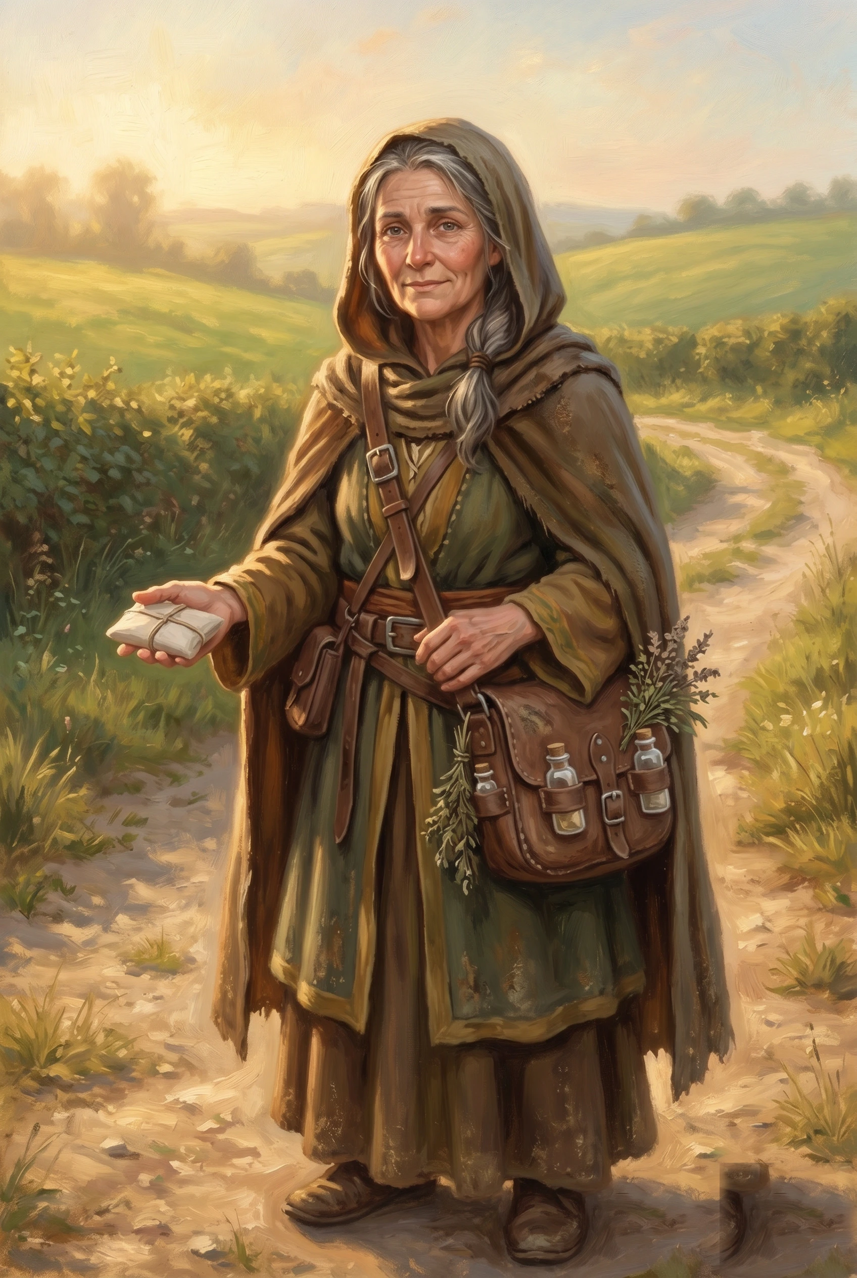 Oil painting of Mara, an older road-worn herbwoman with a long grey braid, wearing a hooded brown travelling cloak over a faded green dress, a worn leather satchel of glass tincture bottles and herb sprigs slung across her, holding out a small paper-wrapped packet in one open hand, on a sunlit dirt road through green rolling hills.