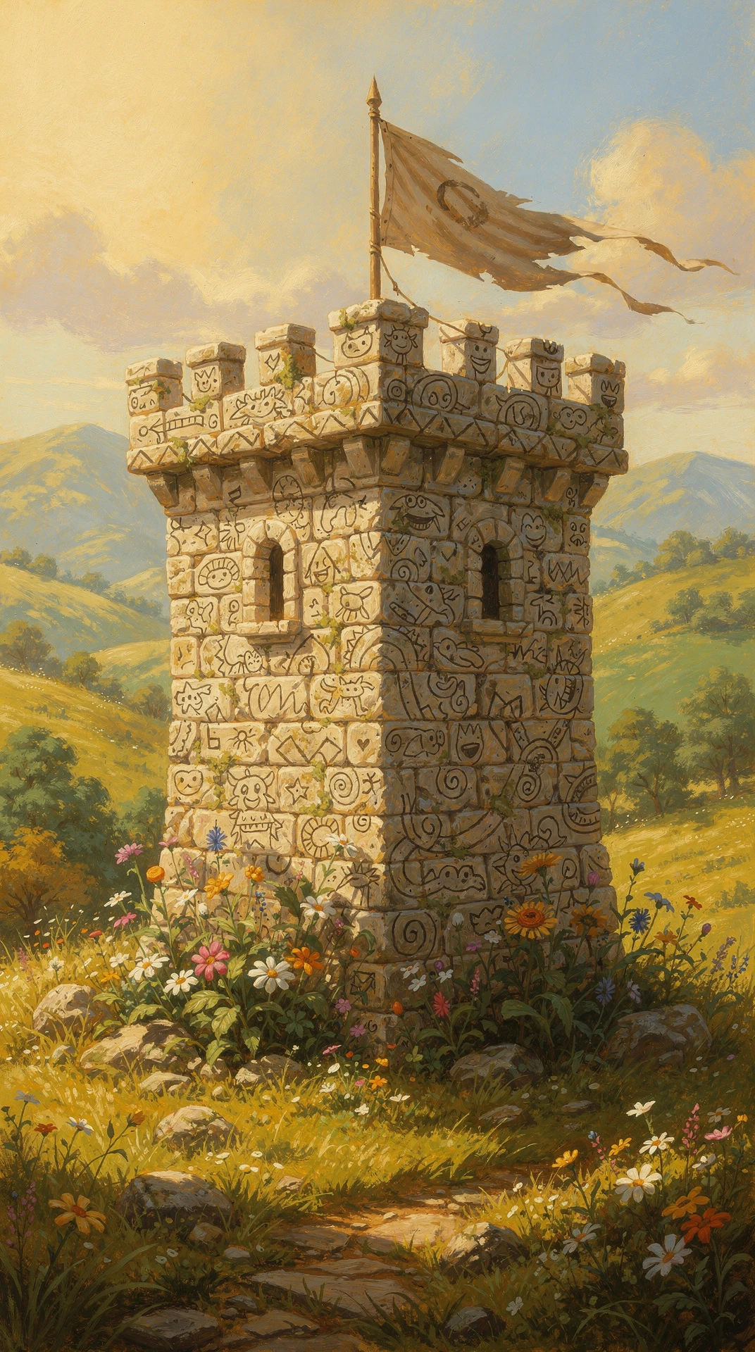 Oil painting of Marginalia Keep, a squat crenellated stone watchtower whose every block is carved with cheerful doodles — grinning faces, beasts, spirals, suns — a tattered banner flying from its flagpole and wildflowers crowding its base among green hills.