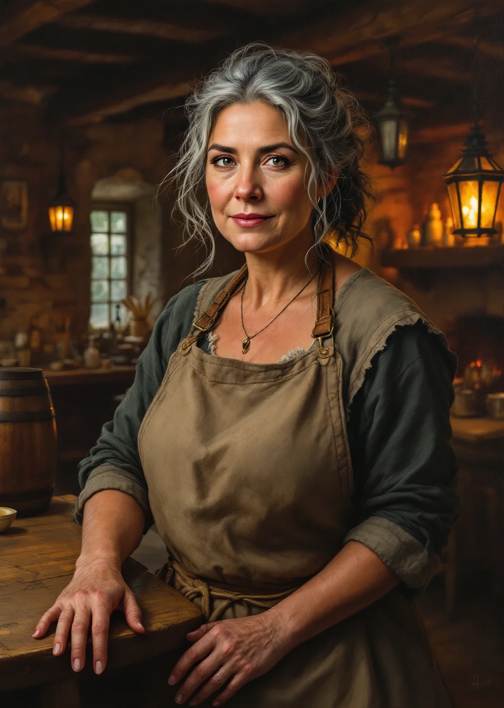Oil painting of Nessa the waystation keeper standing behind the counter of The Rearranged, an ale cask at her side and hearth-fire glowing behind her.