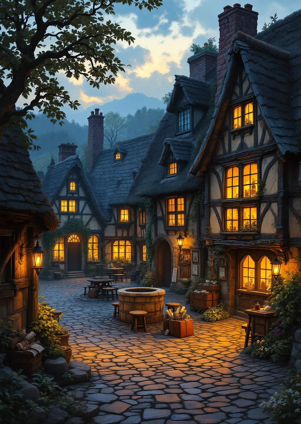 Oil painting of the taverner's village of Nib's Point gathered around its well-post at dusk