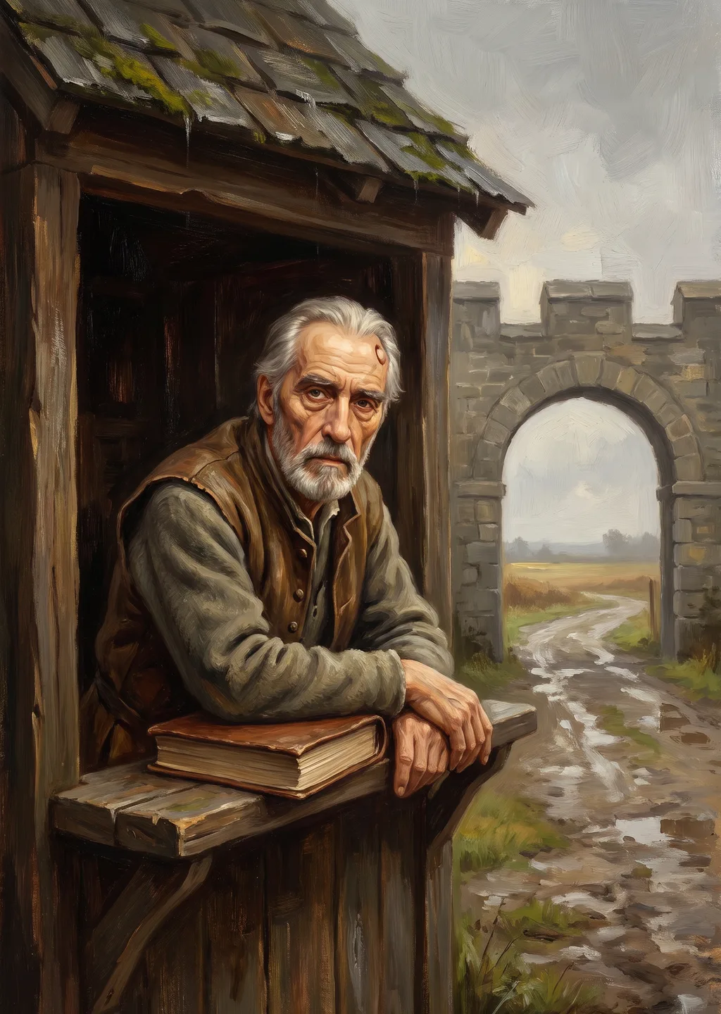 Oil painting of Orin the tollkeeper, an older man bent over a thick ledger at his weathered wooden tollbooth.