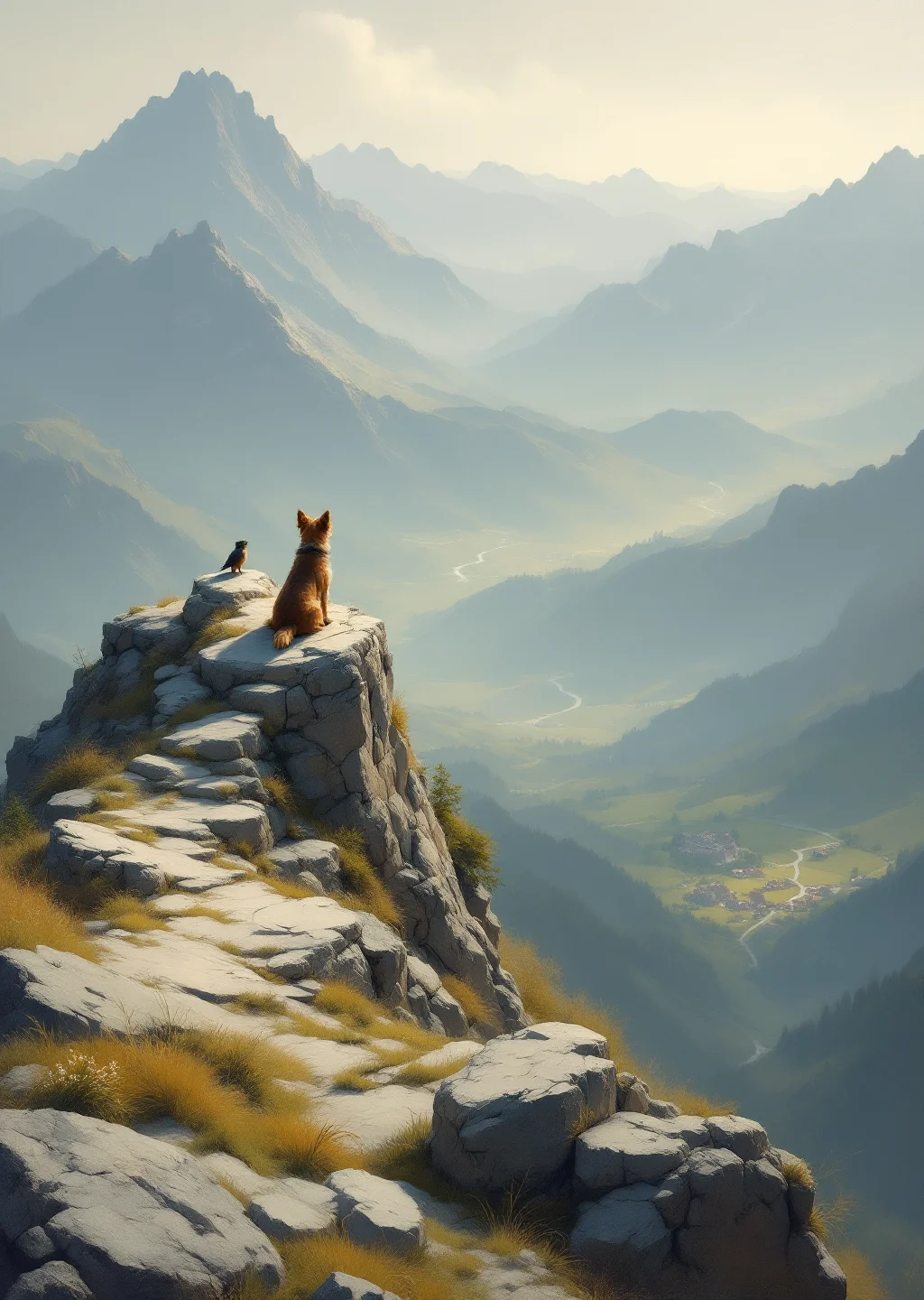 Oil painting of the Overlong Summit, a small dog resting on a rocky mountain peak overlooking a hazy green valley.