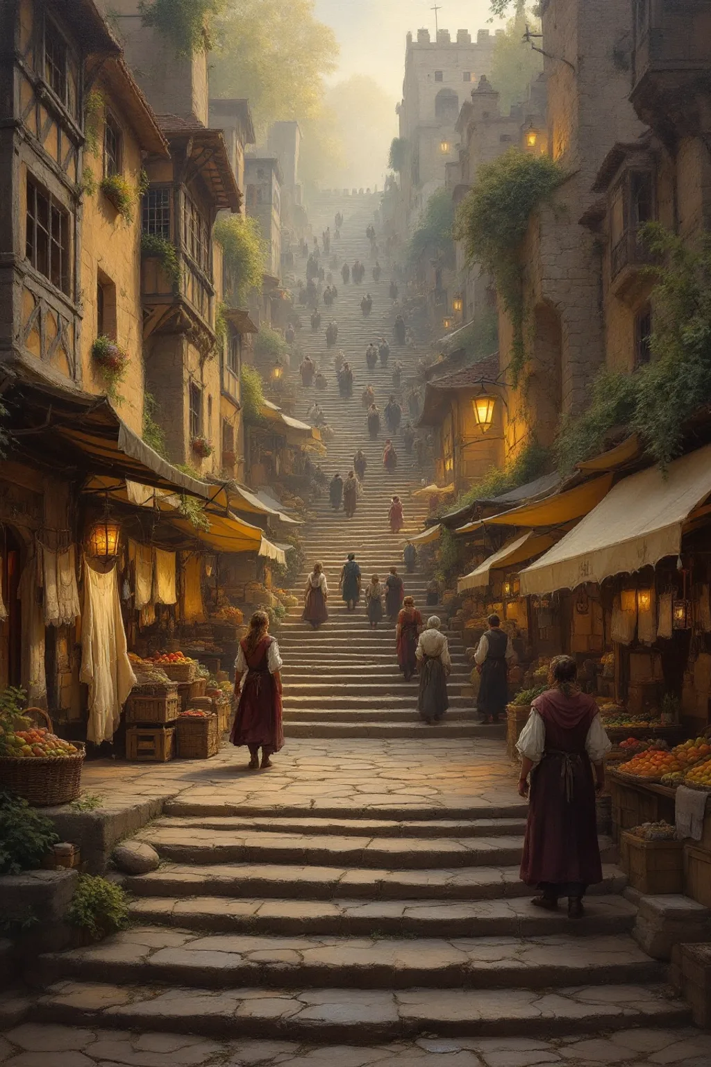 Oil painting of Refrain Market's crowded stalls climbing the stone steps of the Rhyming Stair at dusk