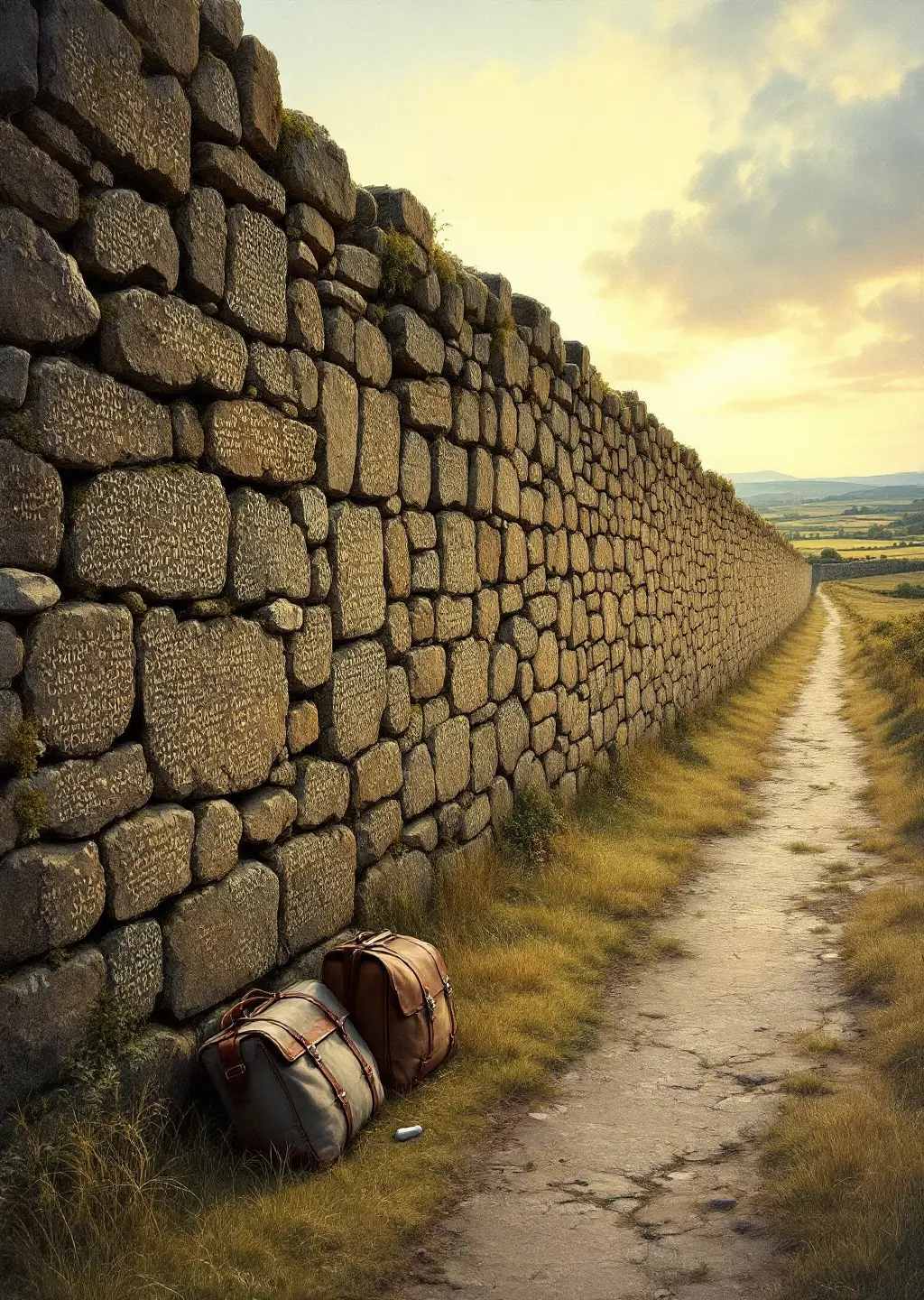 Oil painting of Rhyme Wall, a long ancient stone wall covered in centuries of carved scratches at the edge of a road.