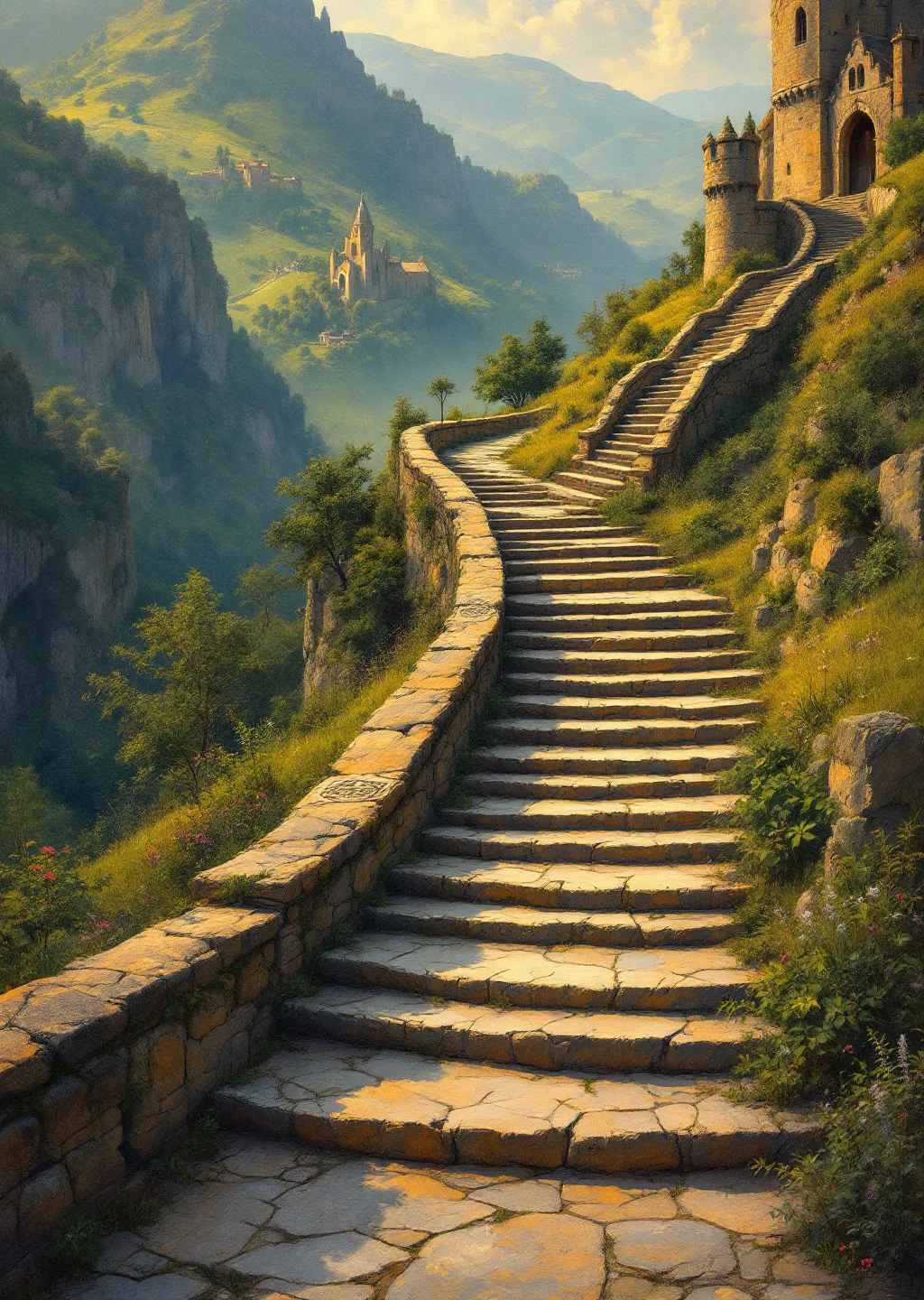 Oil painting of the Rhyming Stair, an amber stone staircase climbing a valley to a chapel at its summit