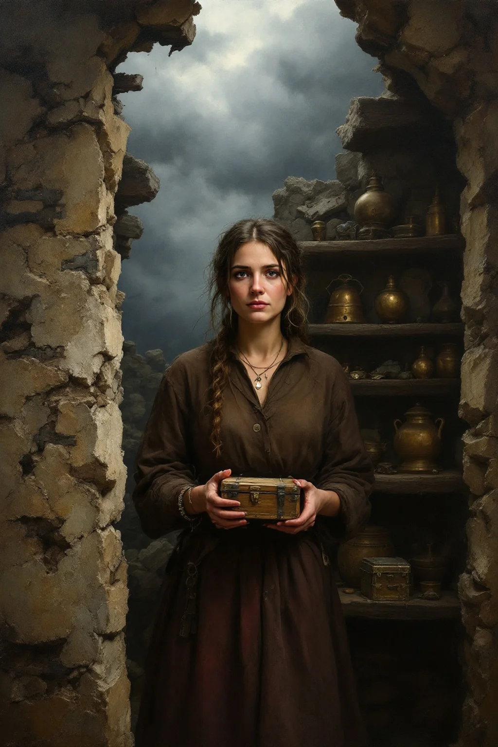 Oil painting of Serafine, Keeper of the Storm's Ledger, holding an iron-banded box in the ruined doorway of Squall Barrow
