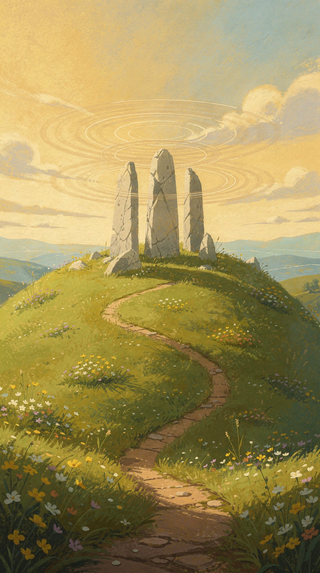 Oil painting of Sounding Hill — three tall cracked standing stones crowning a green hill thick with wildflowers, a winding dirt path climbing to them, and pale rings of echo rippling outward across a golden evening sky.