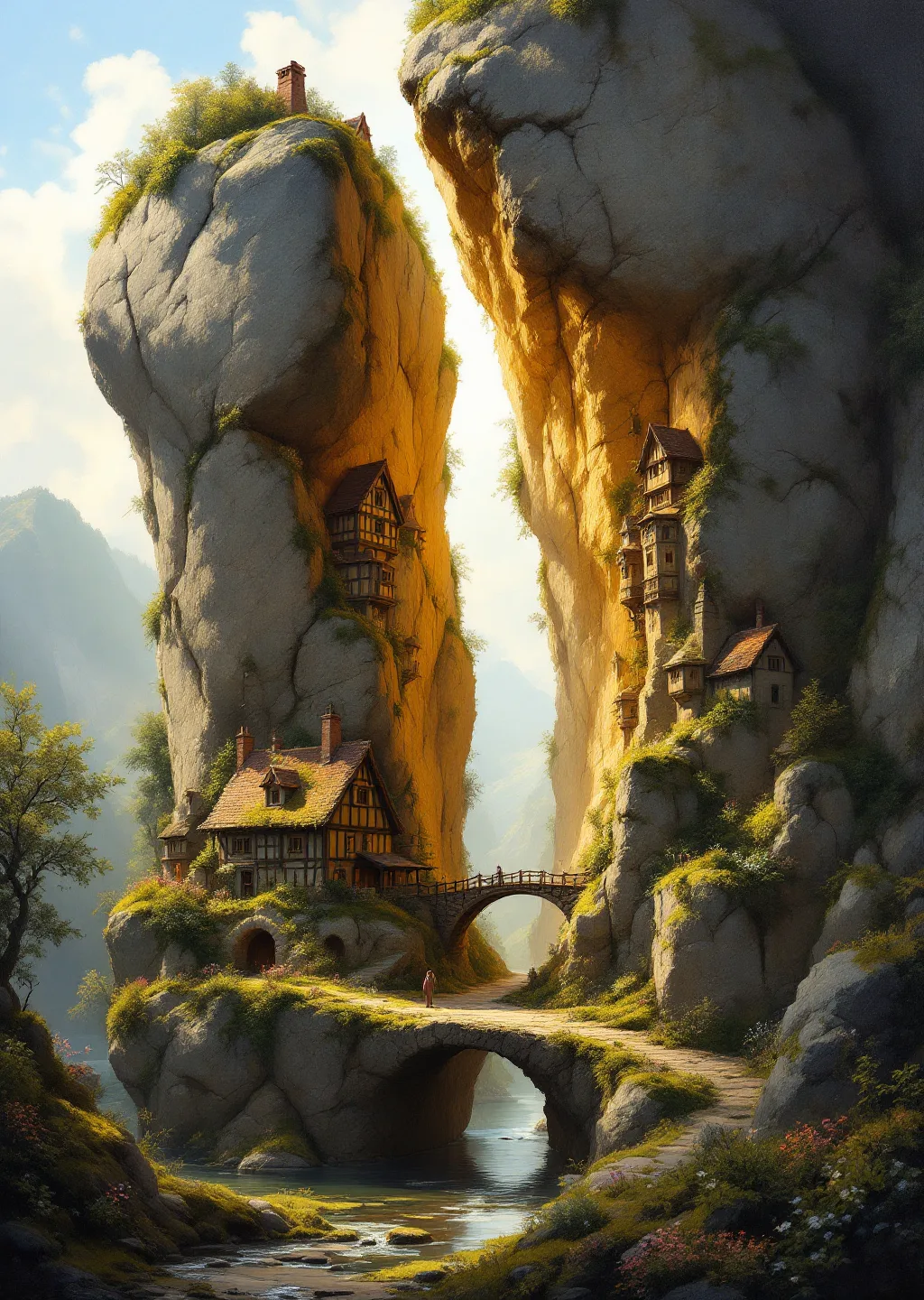 Oil painting of a village built into the two fractured halves of an enormous boulder, timber cottages tucked into the ledges and a footbridge crossing the divide.