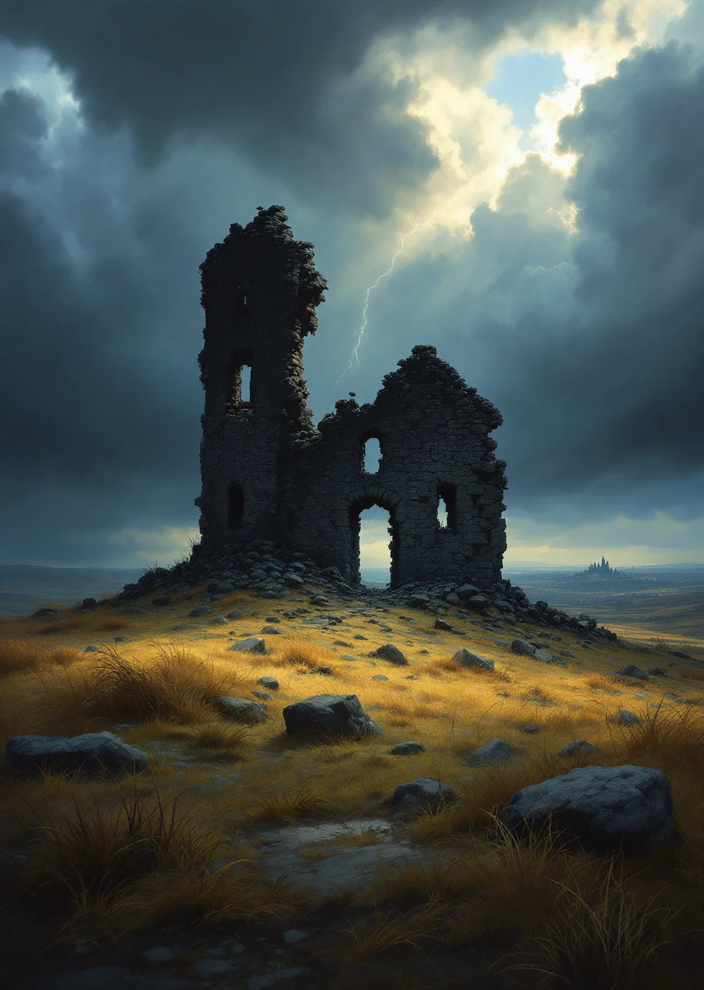 Oil painting of Squall Barrow, a lightning-blackened stone ruin standing alone on a windswept moor under a churning storm sky.