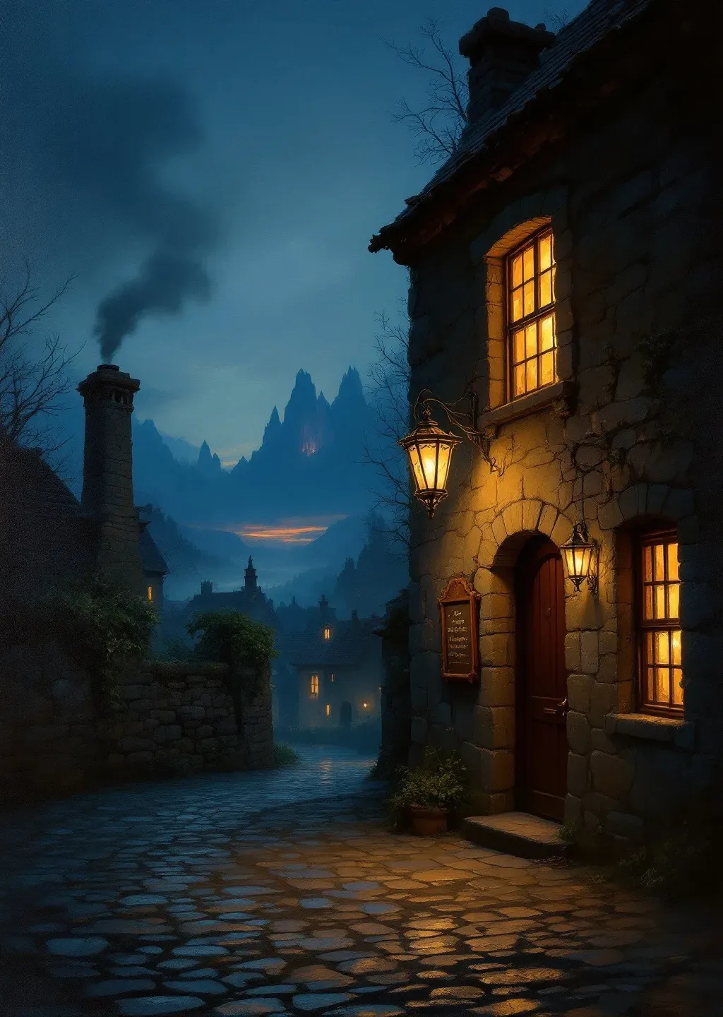 Oil painting of a dim low-beamed tavern interior lit by candlelight, its dark walls close and warm.