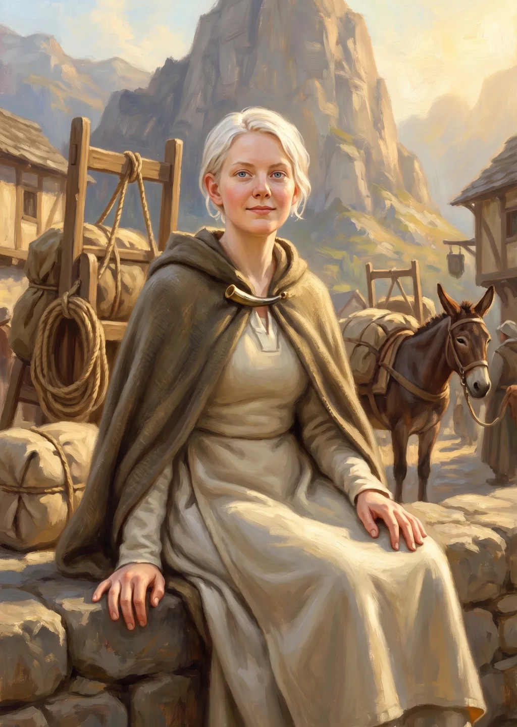 Oil painting of Tamsin sitting apart from the supply-village bustle at the foot of the mountain