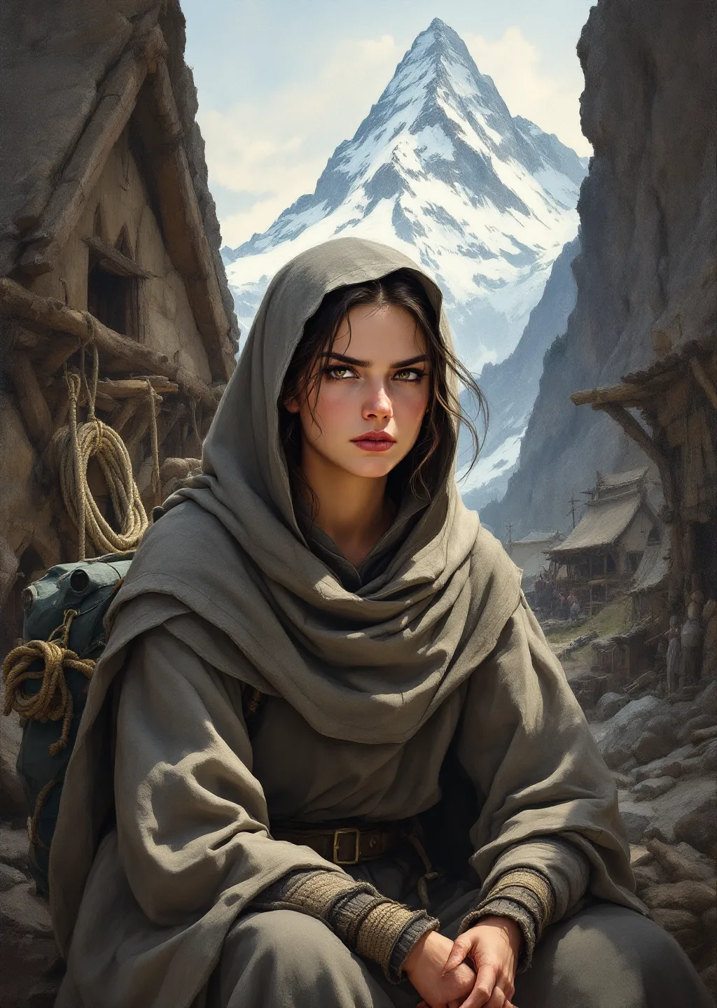 Oil painting of Tamsin sitting apart from the supply-village bustle at the foot of the mountain