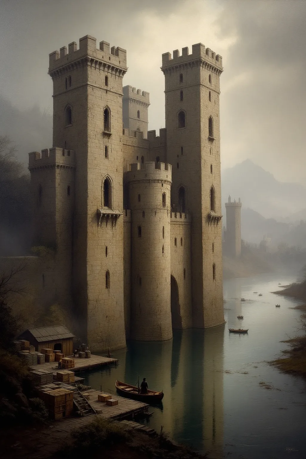 Oil painting of Tense Keep's three stone towers rising over the looping River Ring, with a loading landing below