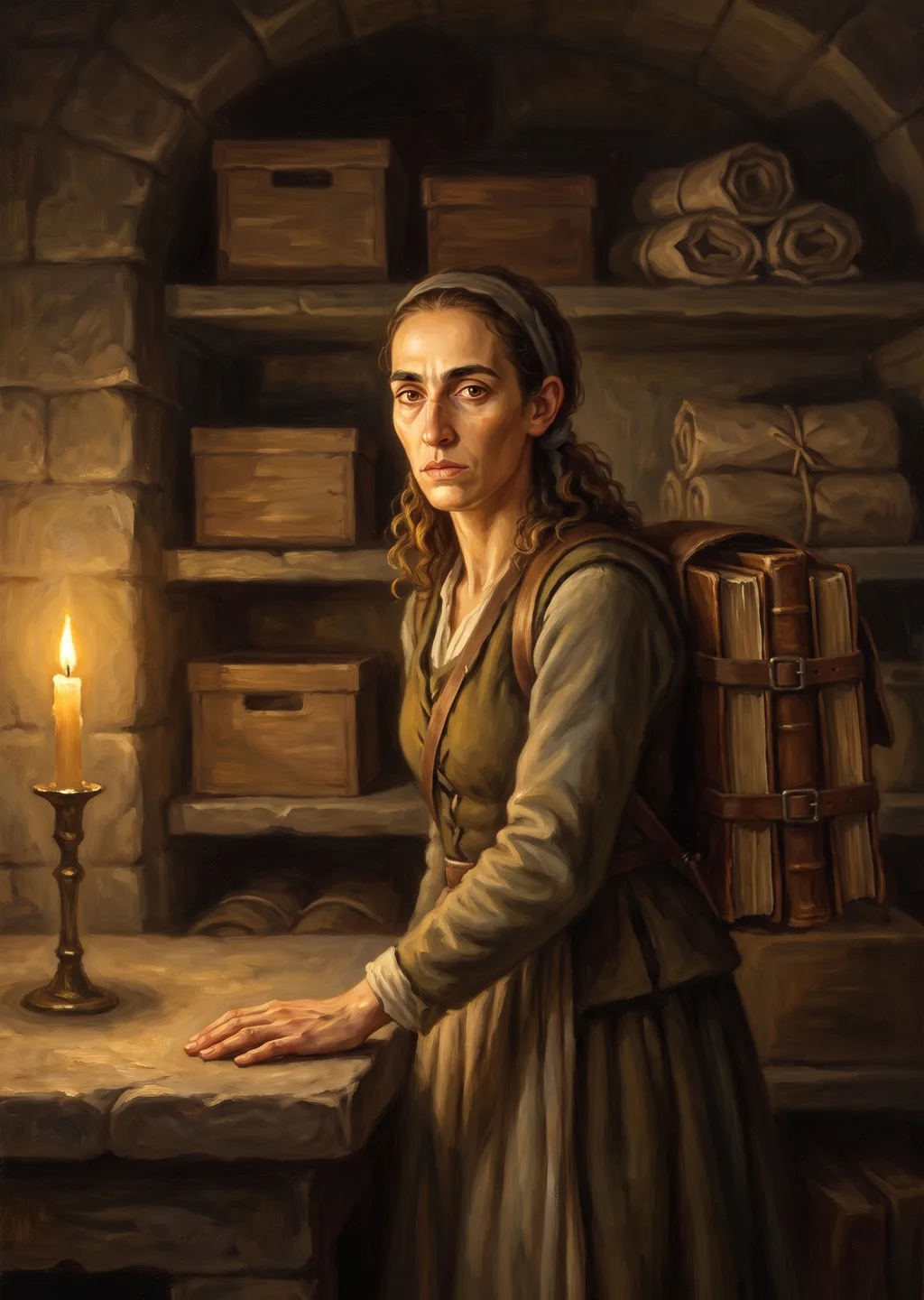Oil painting of a road-worn woman etymologist in traveling clothes, a heavy pack of books strapped to her back, holding a blank parchment page in a candlelit stone archive.