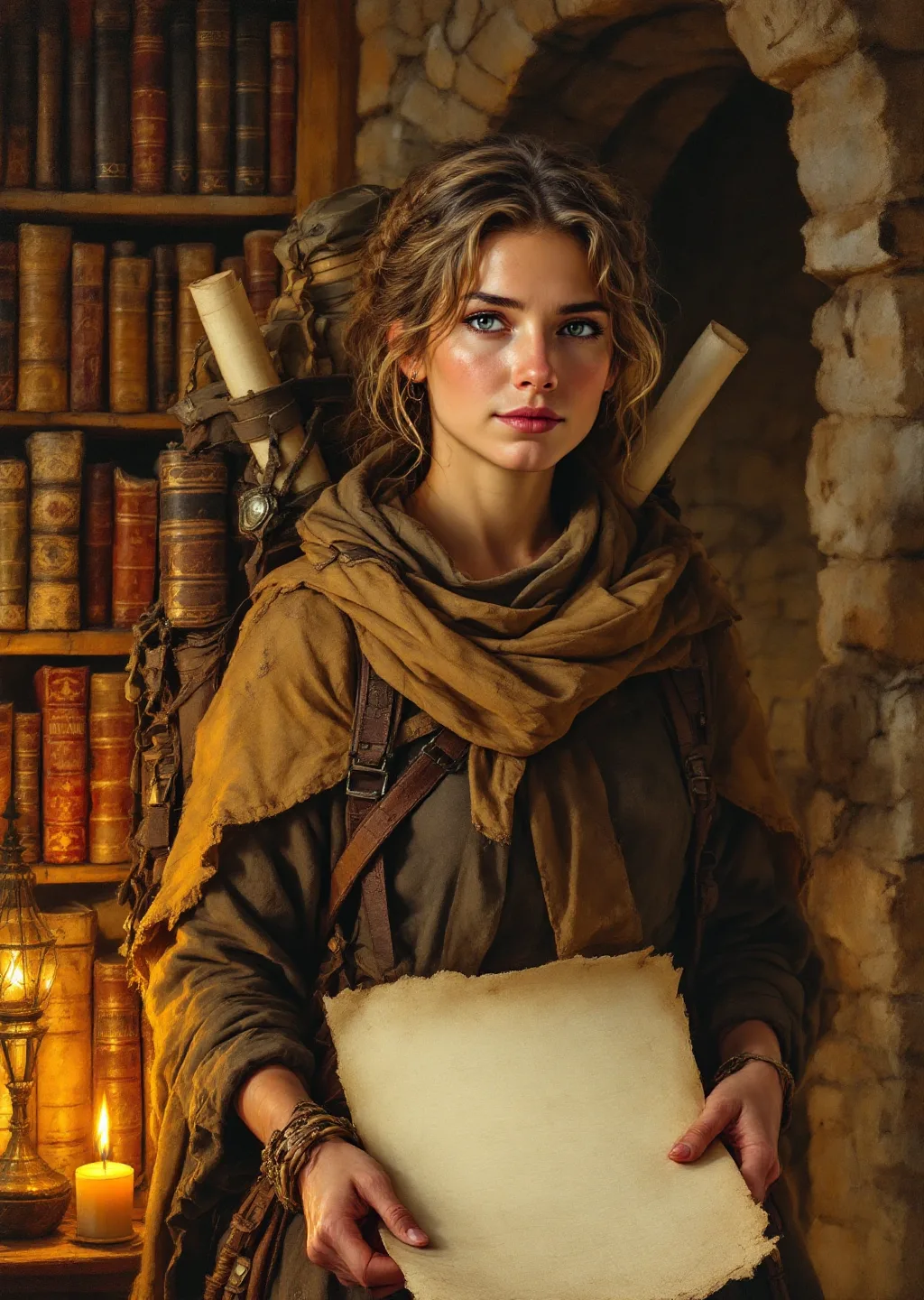 Oil painting of a road-worn woman etymologist in traveling clothes, a heavy pack of books strapped to her back, holding a blank parchment page in a candlelit stone archive.