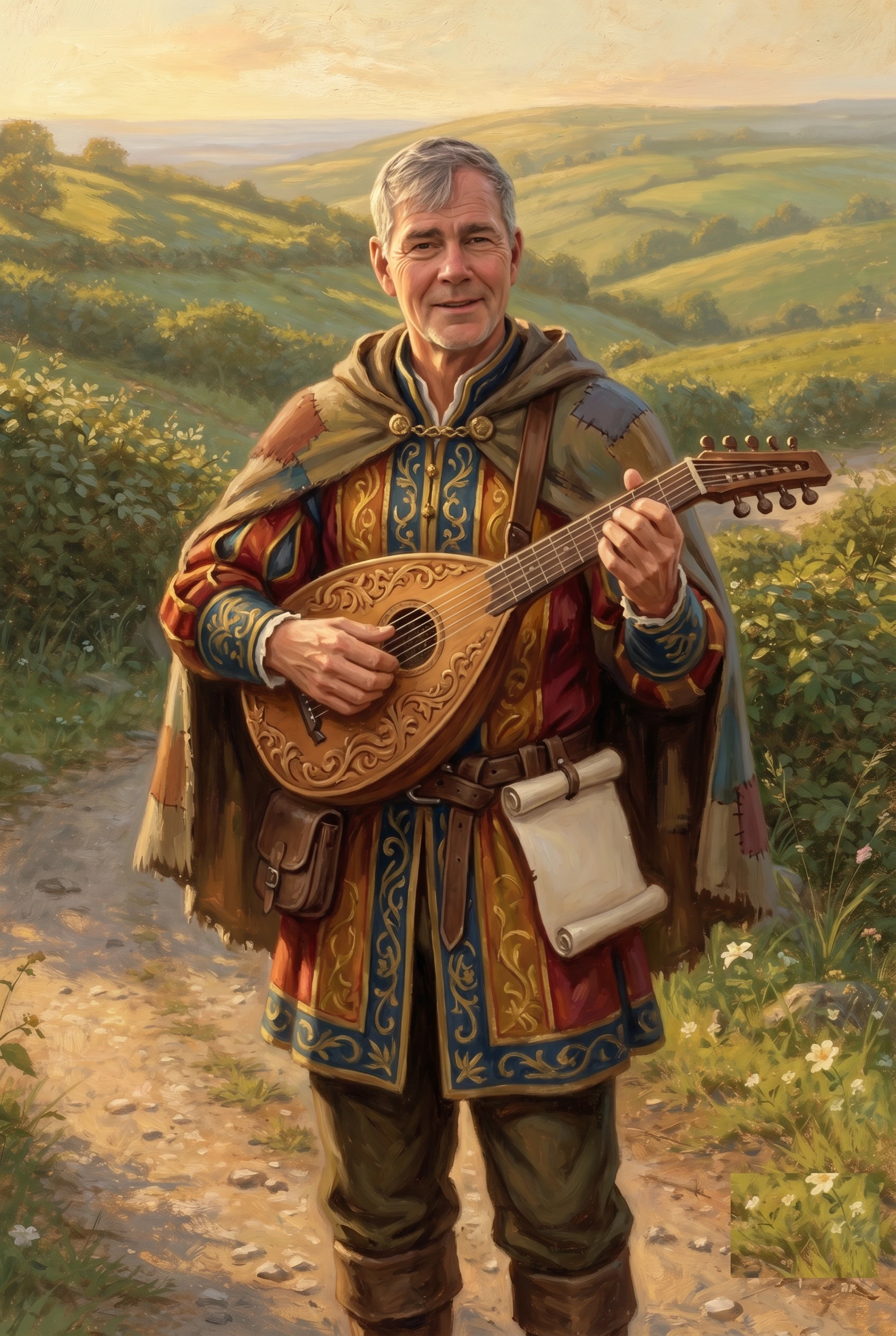 Oil painting of a smiling grey-haired minstrel standing on a dirt path through rolling green hills at golden hour, cradling an ornately carved wooden lute, dressed in a patched travelling cloak over a richly embroidered red-and-blue-and-gold tunic, a small leather pouch and a rolled white scroll tucked at his belt, sturdy dark boots on his feet.