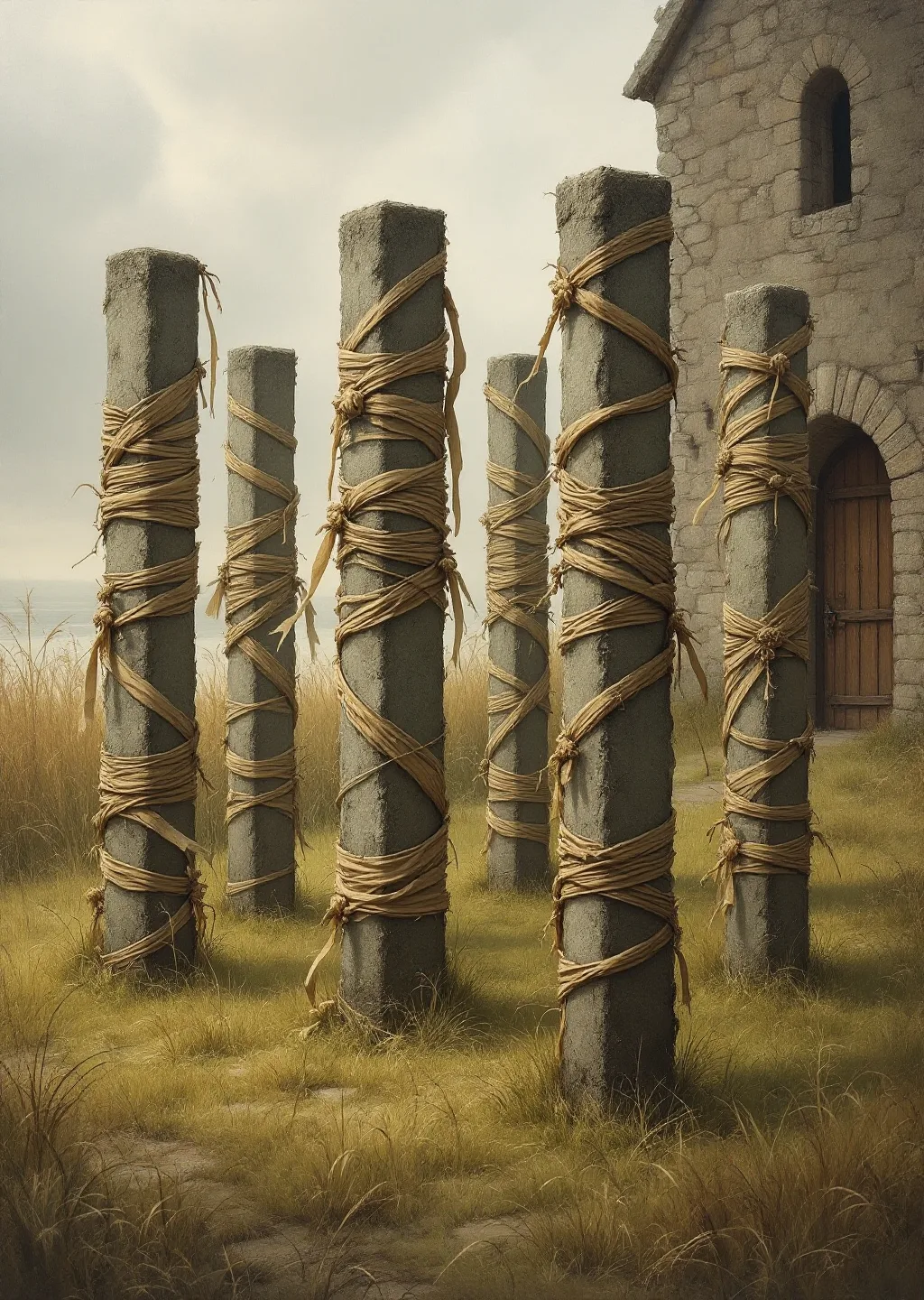 Oil painting of the Binding Posts, six weathered stone pillars in a ring wrapped in fraying tied ribbons and cloth tokens.