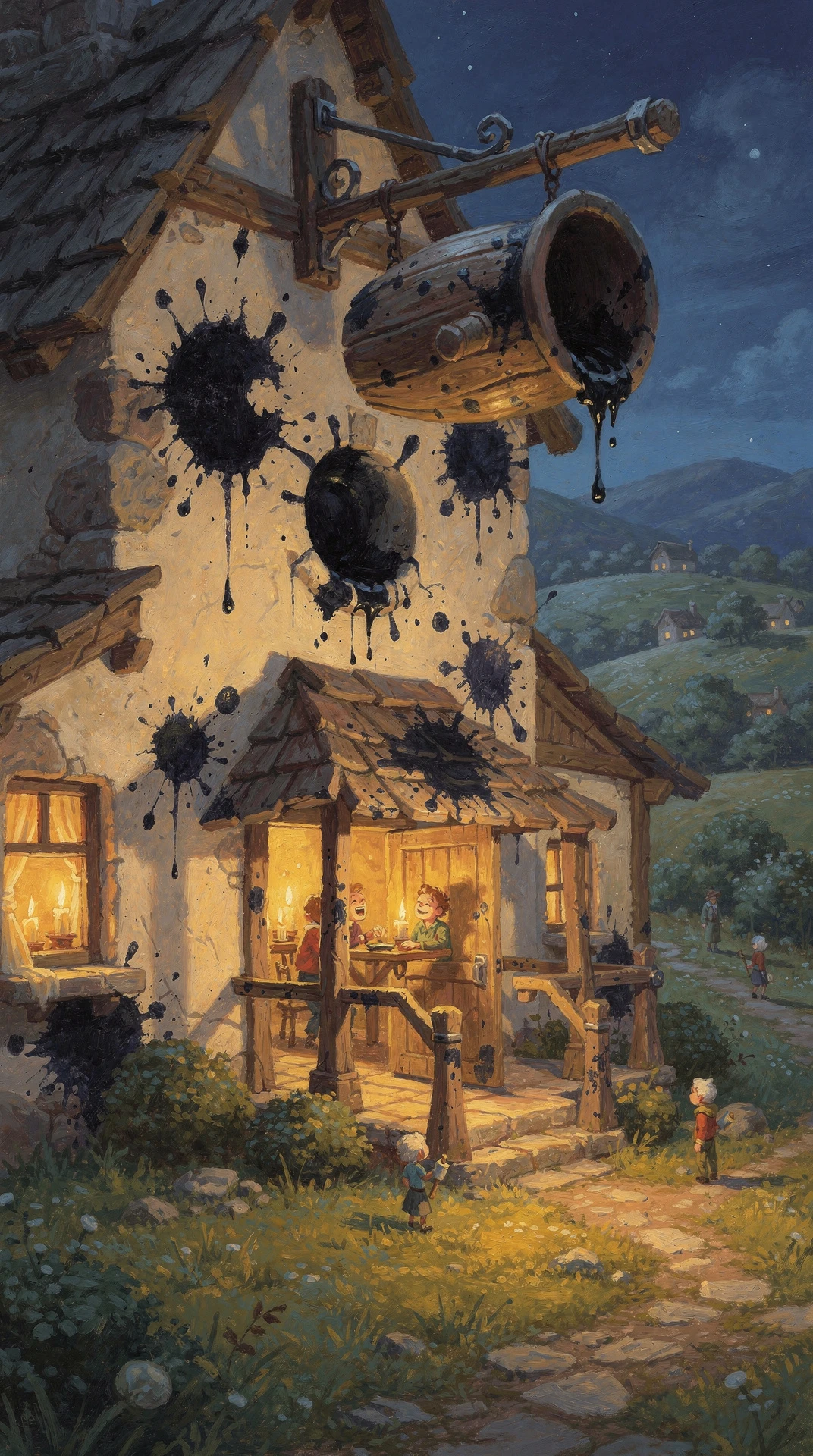 Oil painting of The Blotted Page at night — a lamplit country inn splattered with great black ink-blots across its pale wall, a huge barrel sign dripping black liquid over the door, and patrons laughing by candlelight on the warm porch.