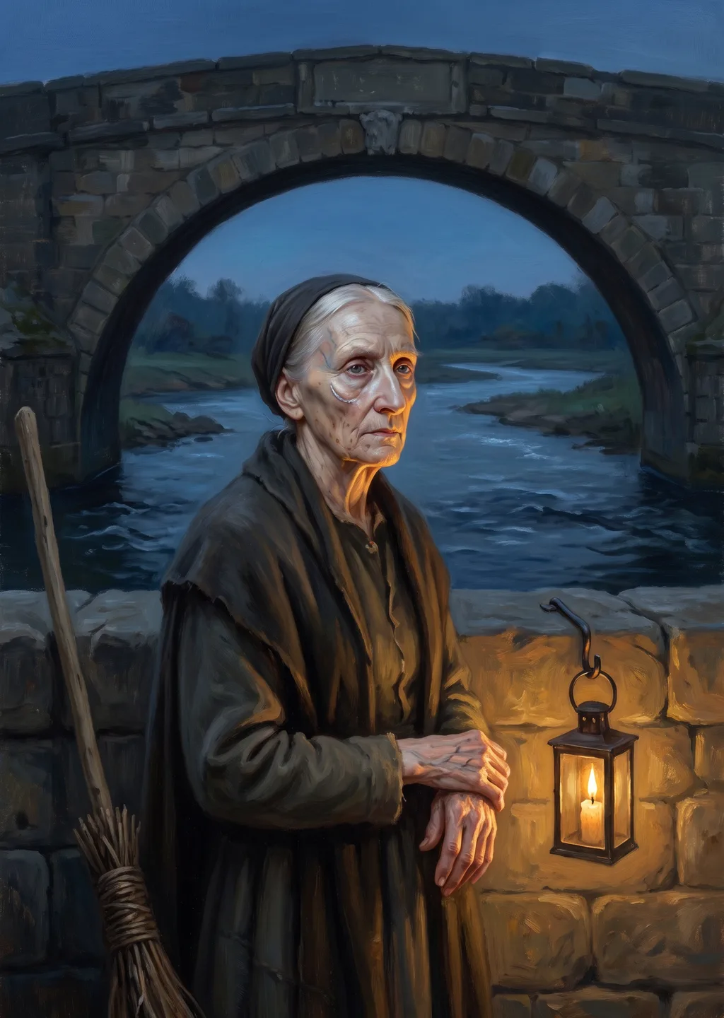 Oil painting of the Bridge Keeper, an old woman with a lantern and broom standing watch on her immaculately kept stone bridge above the river fords at dusk.