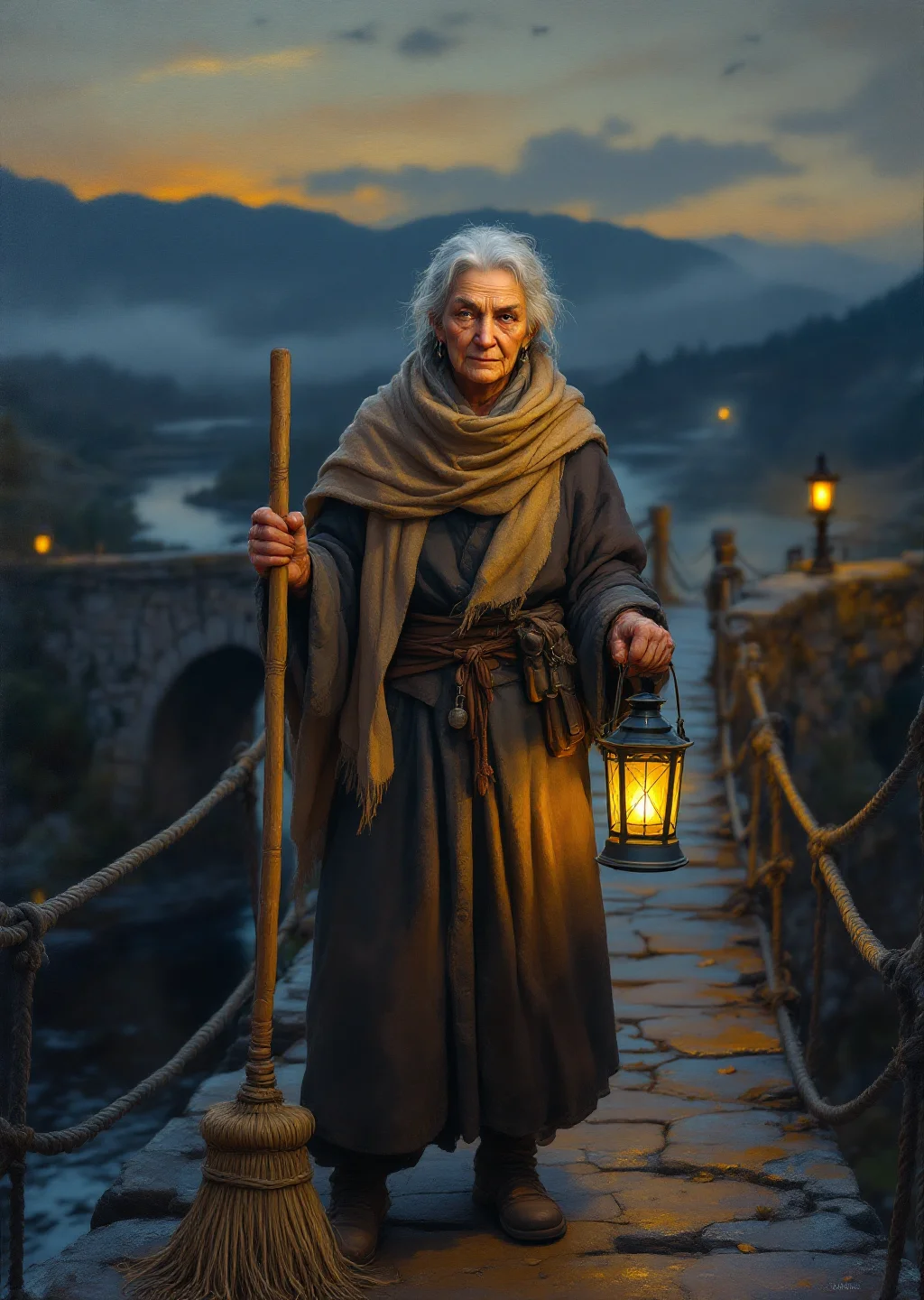Oil painting of the Bridge Keeper, an old woman with a lantern and broom standing watch on her immaculately kept stone bridge above the river fords at dusk.