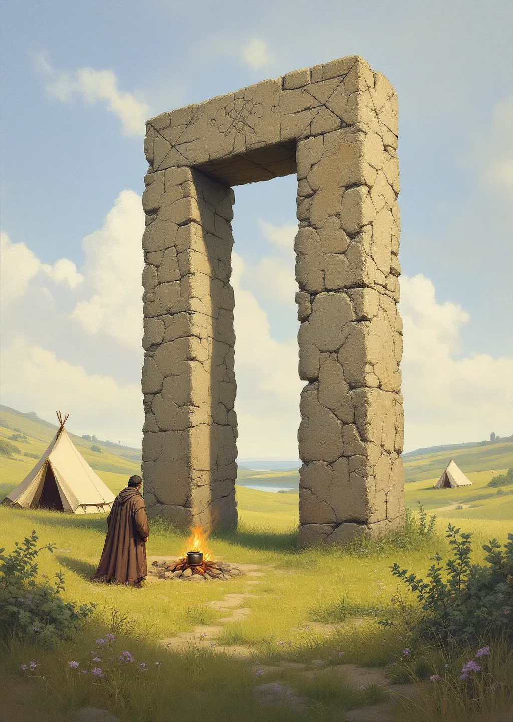 Oil painting of the lone ruined stone doorway called the Coded Door with the scholar-camp beside it
