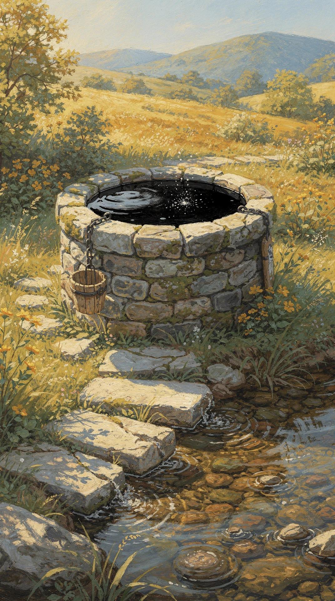 Oil painting of The Dipping Well — a round fieldstone well brimming with ink-black water in a sunlit yellow meadow, a wooden bucket hanging from its chain, and worn stepping stones crossing a clear stream in the foreground.