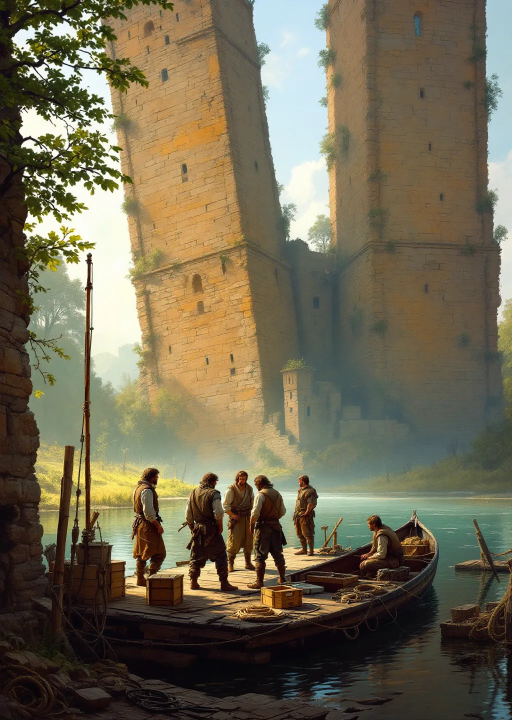 Oil painting of the Grammar Vault kingdom, a river landing below three leaning stone towers with two crews arguing over a crate.