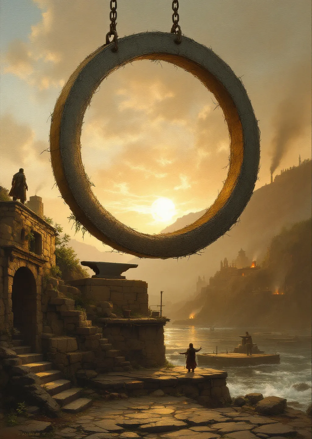Oil painting of the great iron ring called the Iron Vowel turning above the Forge Wharf