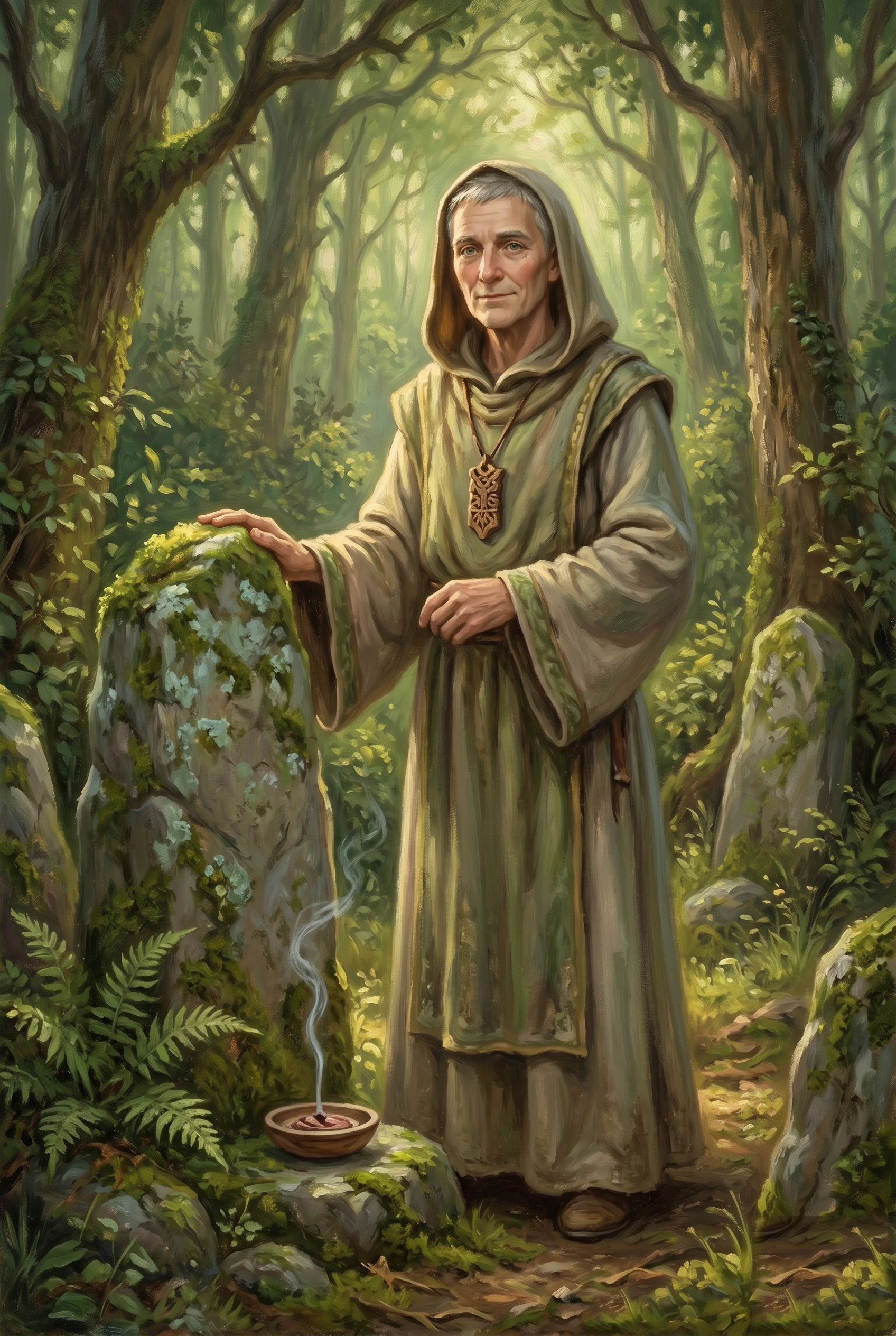 Oil painting of a slender, grey-haired figure in a hooded, moss-and-fawn robe with a carved wooden rune-pendant at the throat, standing among lichen-covered standing stones in a sunlit green wood, one hand resting on a mossy stone while a small offering bowl smokes on a rock at their feet.