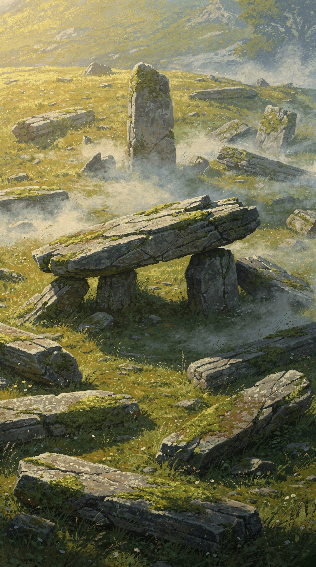 Oil painting of The Last Silence — a ruined speaking-circle of fallen, moss-grown stones scattered through morning mist on a hillside, one capstone still balanced on two uprights and a single weathered stone left standing.