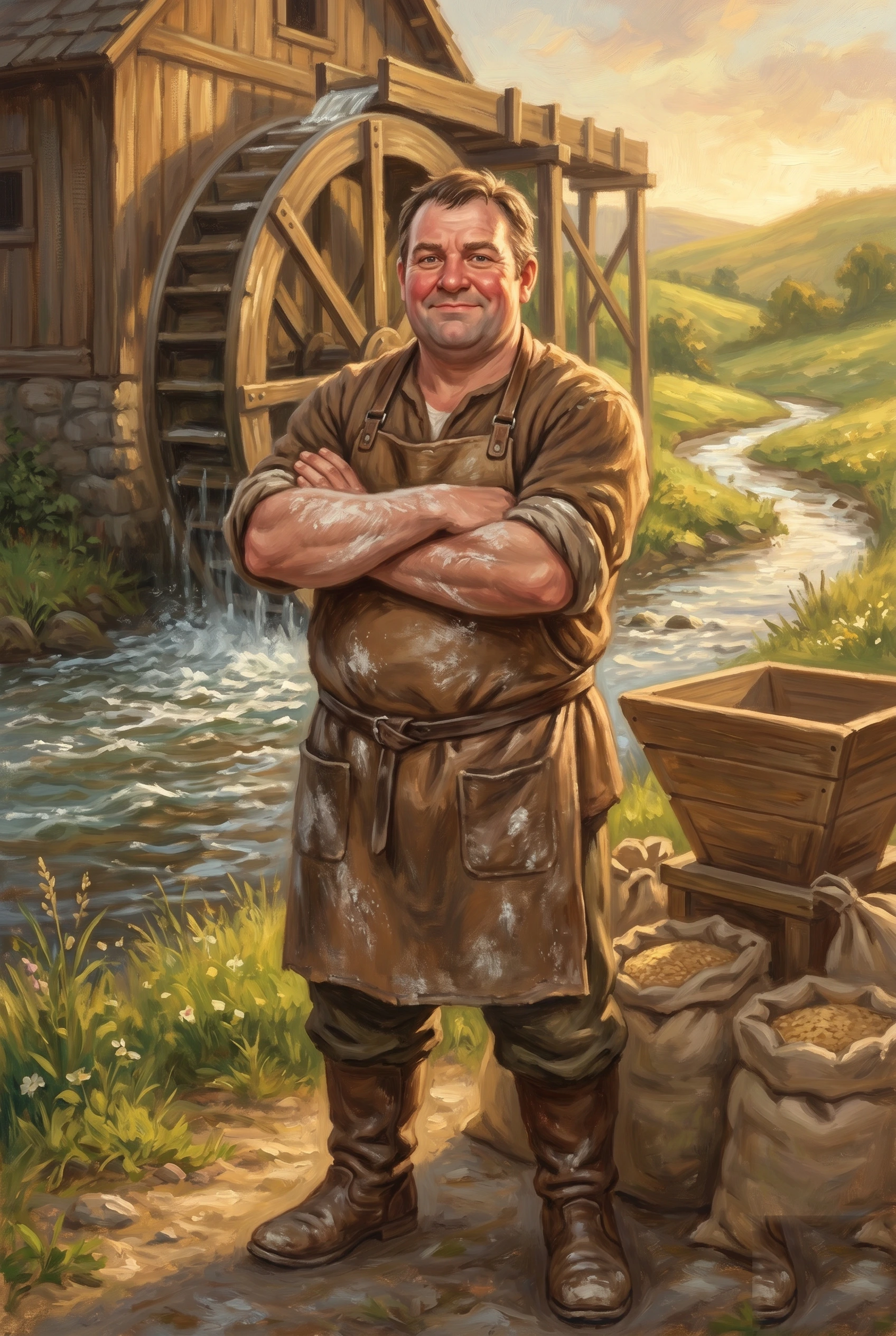 Oil painting of a stout, ruddy-cheeked miller standing arms-crossed before a timber waterwheel mill on a fast river, wearing a flour-dusted brown leather apron over rolled sleeves and tall muddy boots, his forearms pale with milling dust, sacks of grain and a wooden hopper heaped beside him, green hills and a winding stream behind under a warm evening sky.