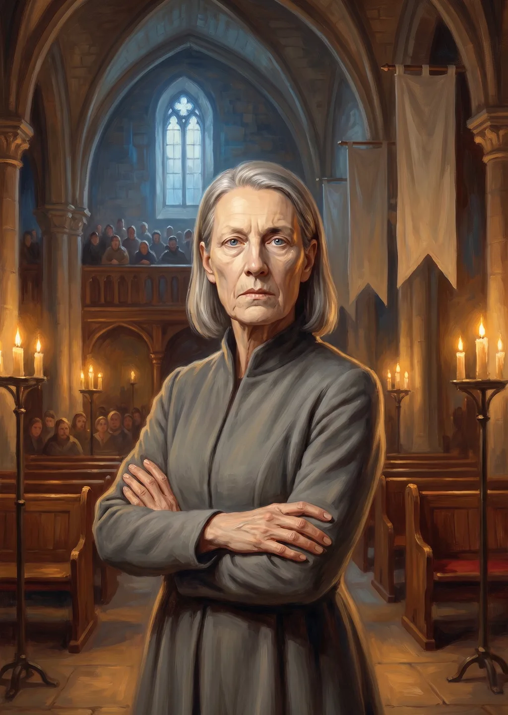 Oil painting of a stern woman in grey robes standing with arms crossed in a tall candlelit vaulted hall.