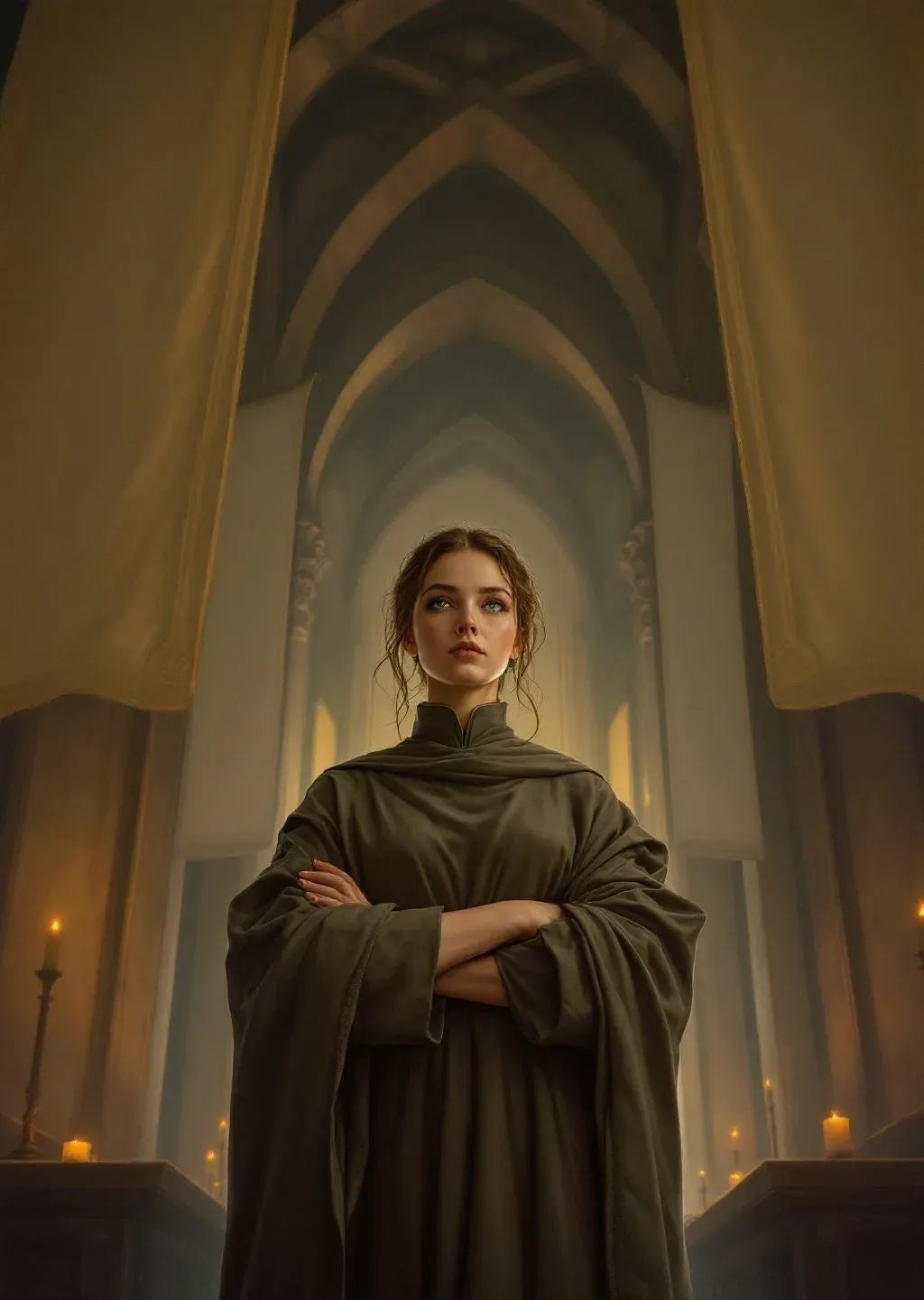 Oil painting of a stern woman in grey robes standing with arms crossed in a tall candlelit vaulted hall.