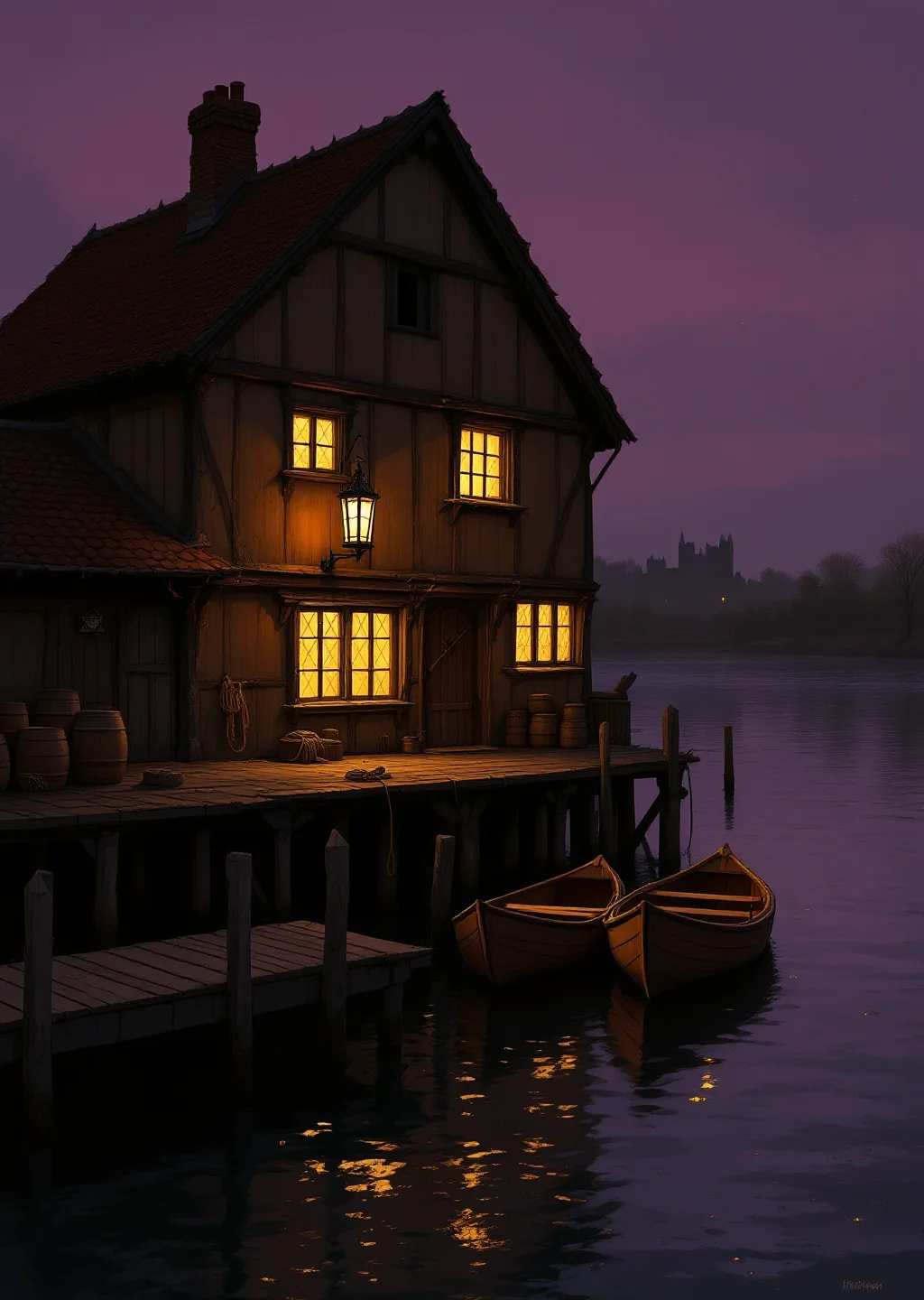 Oil painting of the Passive Voice, a lantern-lit riverside house on pilings with boats moored at its dock under a dusky violet sky.