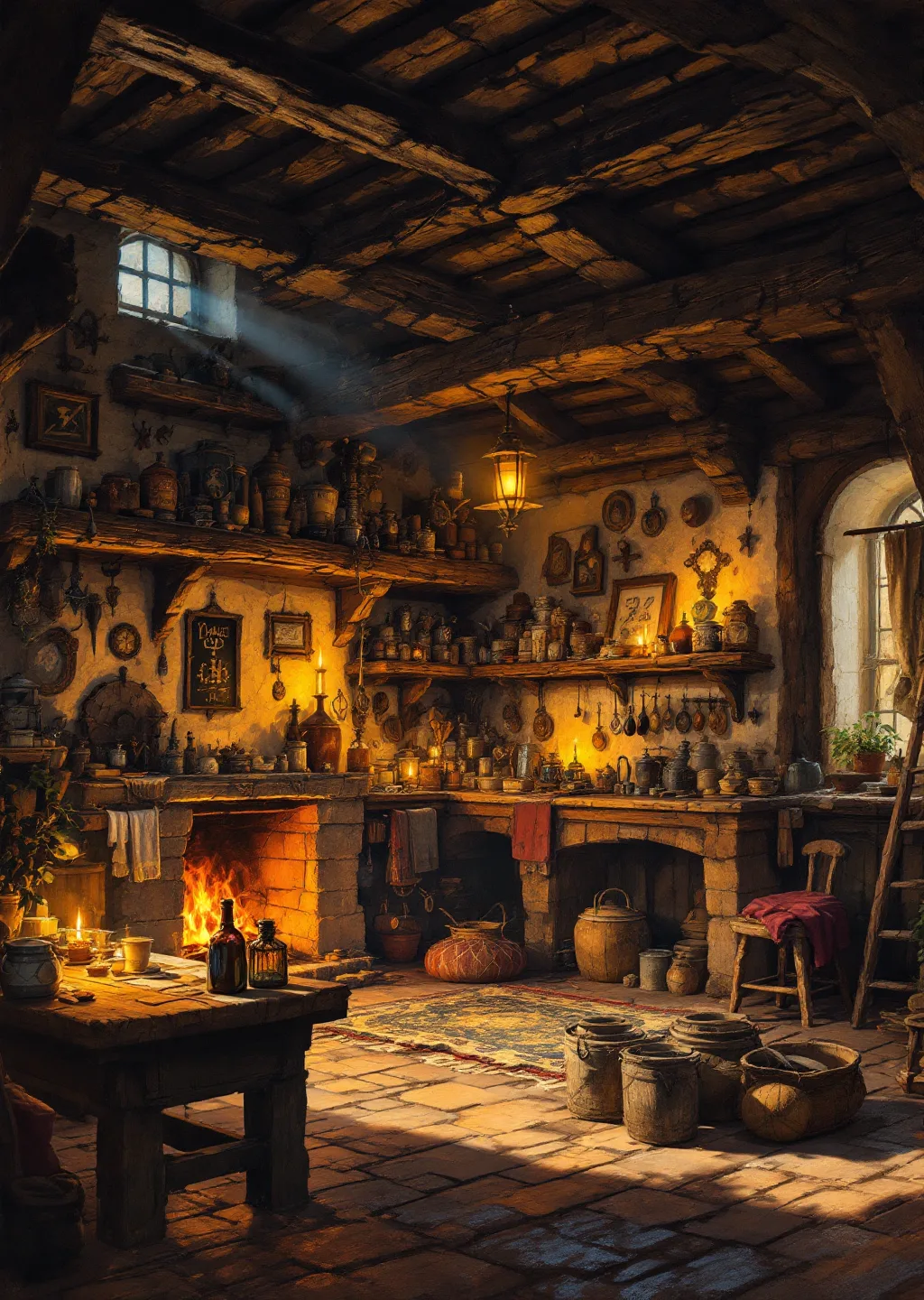 Oil painting of the Rearranged, a warm hearth-lit inn in the shifting town of Transpose