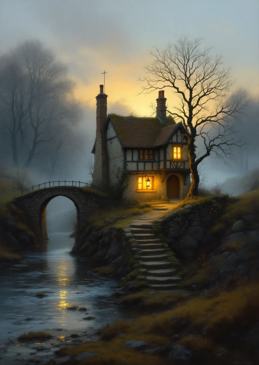Oil painting of the wayside inn The Root and Branch with its stone cellar stairway