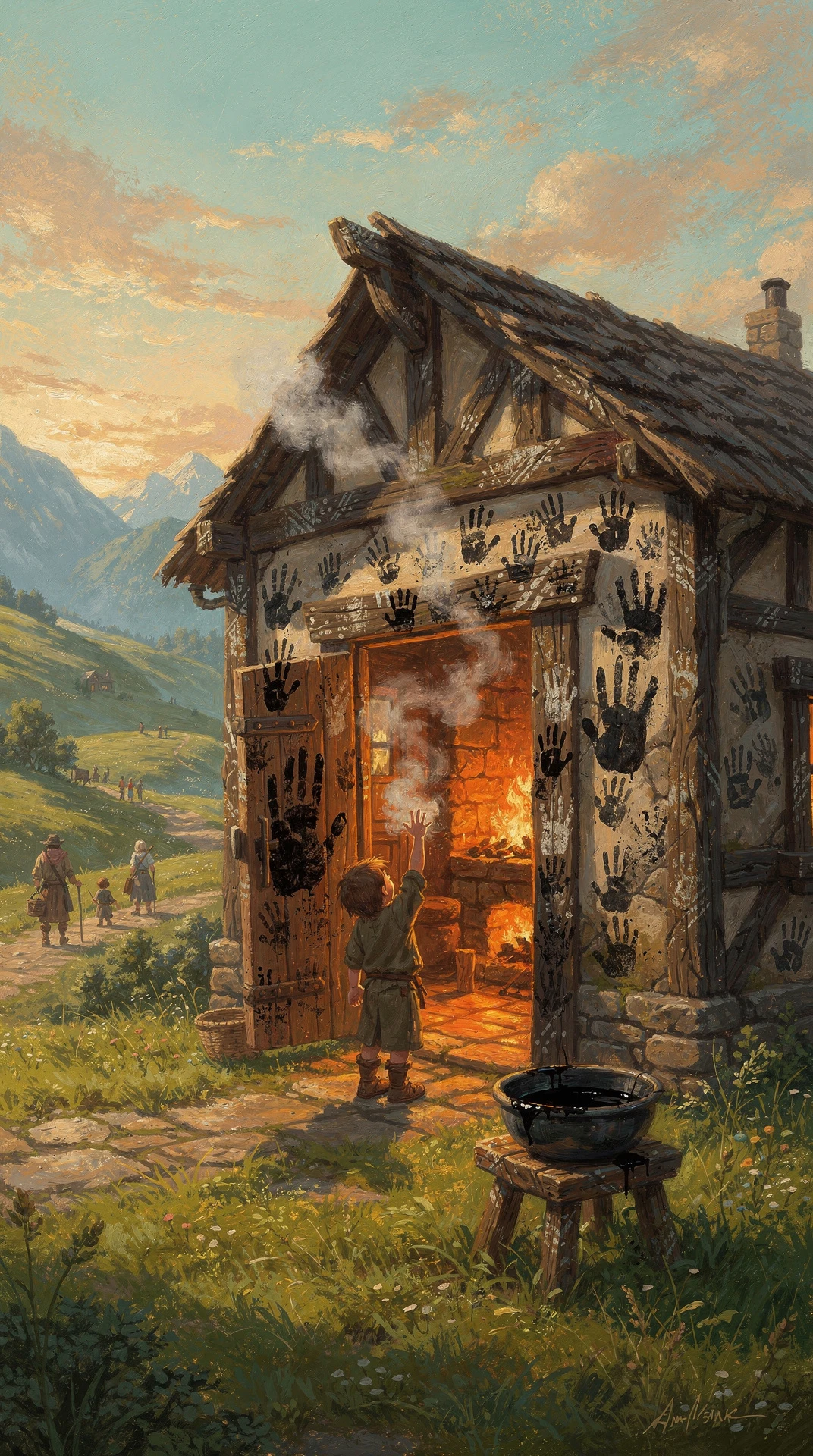 Oil painting of The Stained Lintel, a timber-framed wayside inn whose walls and door are covered in black handprints; a child reaches up to add his own beside the fire-lit doorway, a bowl of black pigment waits on a stool, and travelers descend the mountain path behind.