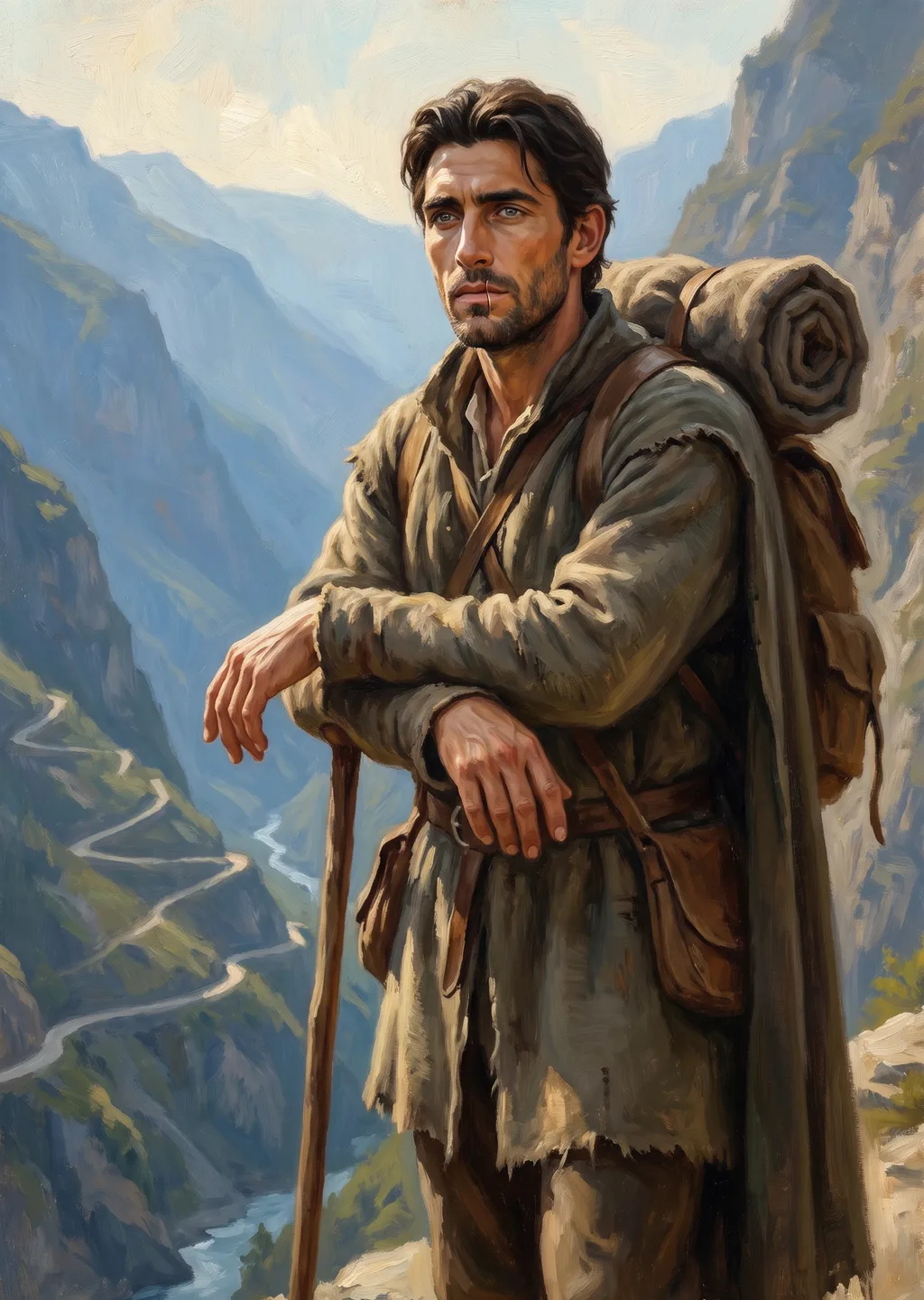 Oil painting of the debt-bound Stranger standing on the Bandit's Pass with his staff and pack, a mountain river valley falling away behind him.