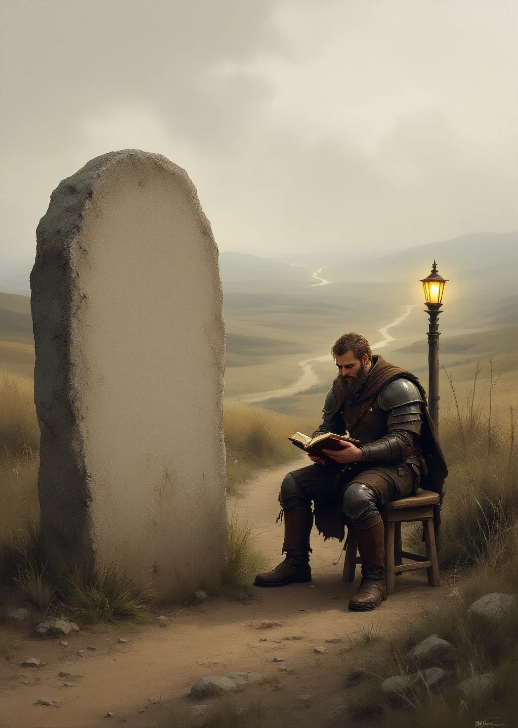 Oil painting of the Waymark Post, a weathered stone marker beside a tired guardsman seated with his ledger on an open hillside track.